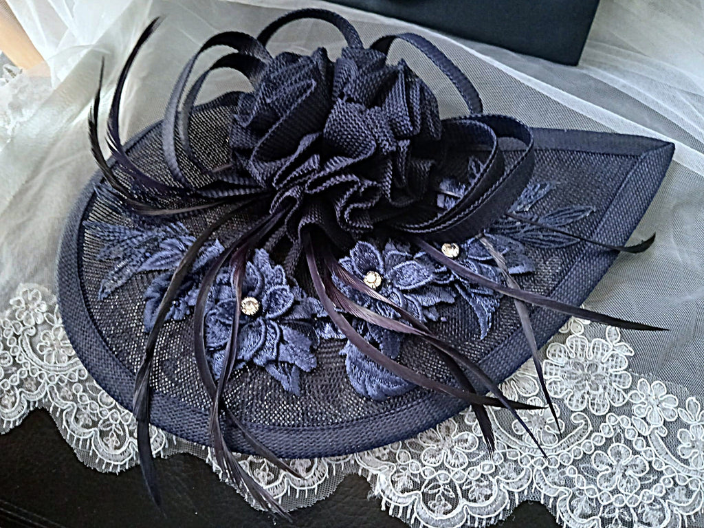Navy Blue Floral Block Heel Shoes, Clutch & Fascinator Set
