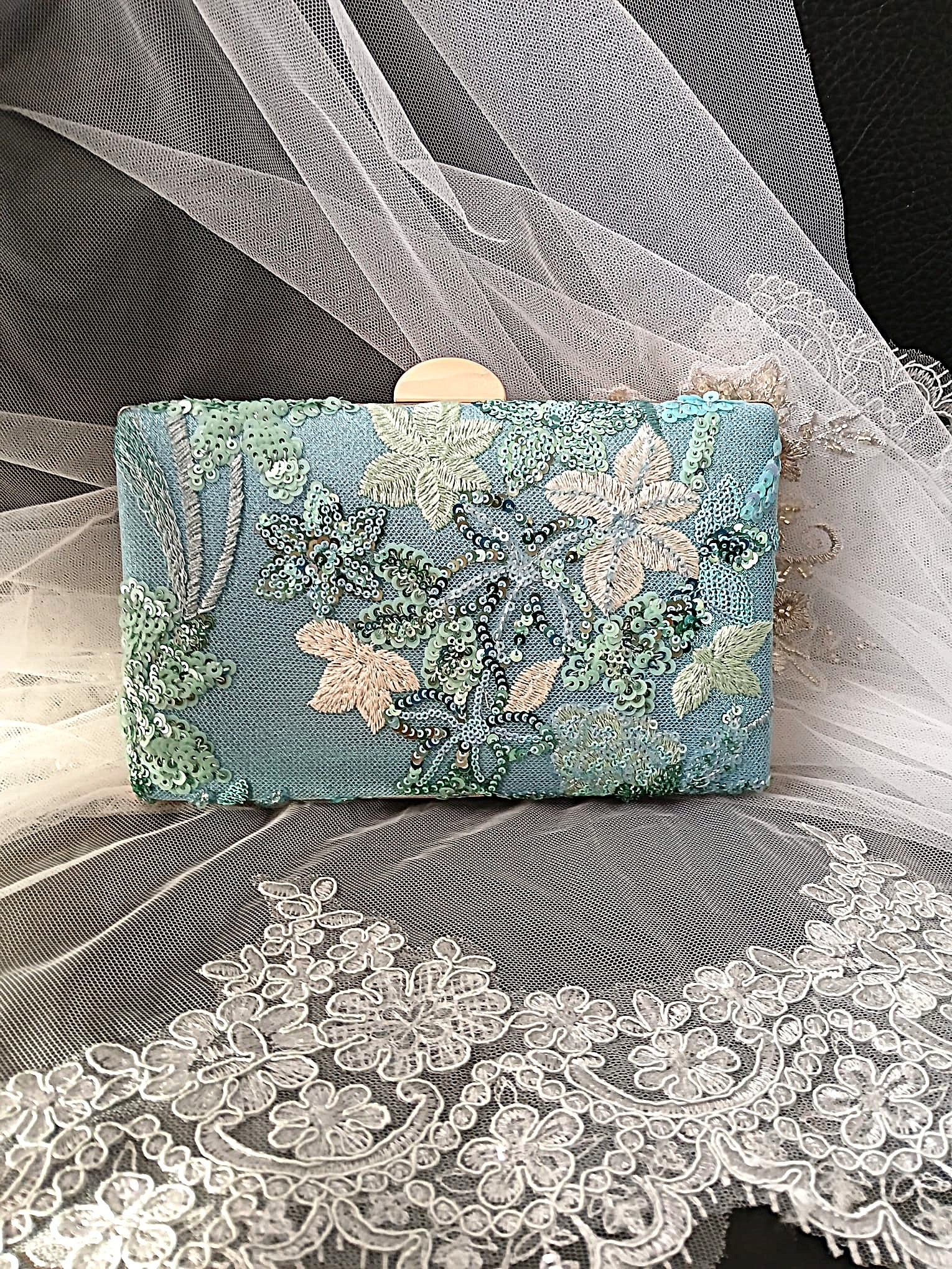 Turquoise Floral Block Heel Sandal & Clutch Set For Formal Occasions