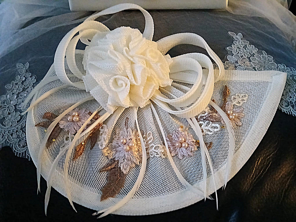 Ivory Floral Hat & Satin Clutch Bag Set With Brown And Beige Flowers,Formal Event Accessories