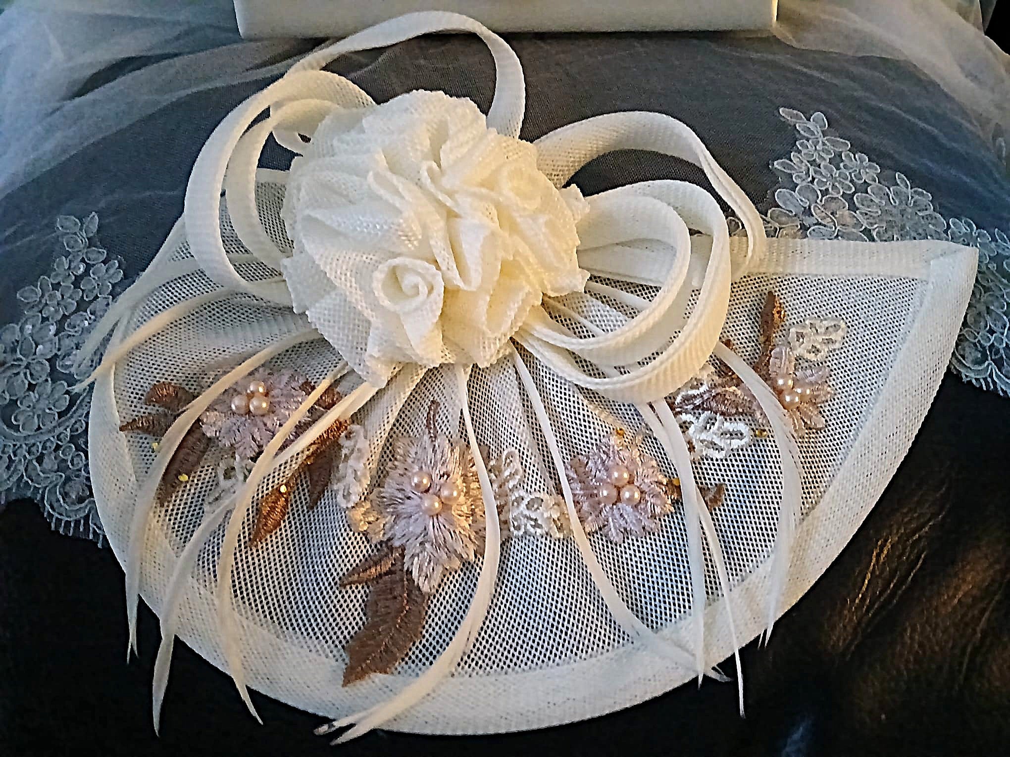 Ivory Floral Hat & Satin Clutch Bag Set With Brown And Beige Flowers,Formal Event Accessories