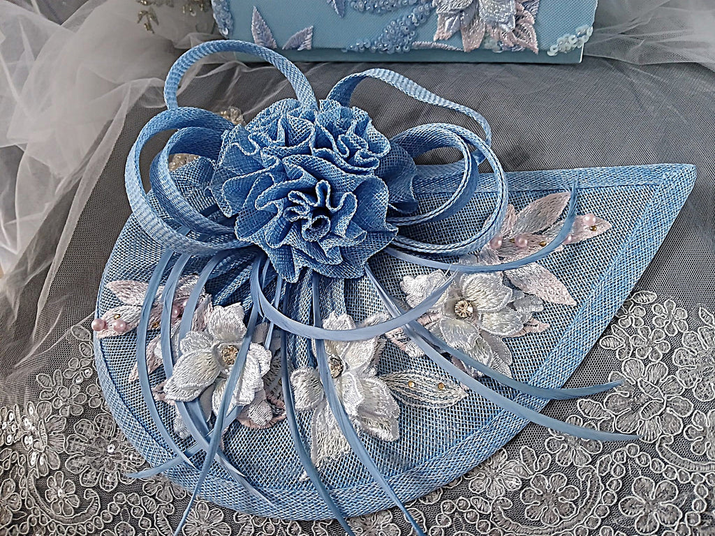 Light Blue Floral Hat & Satin Clutch Bag Set, Accessories For Formal Event