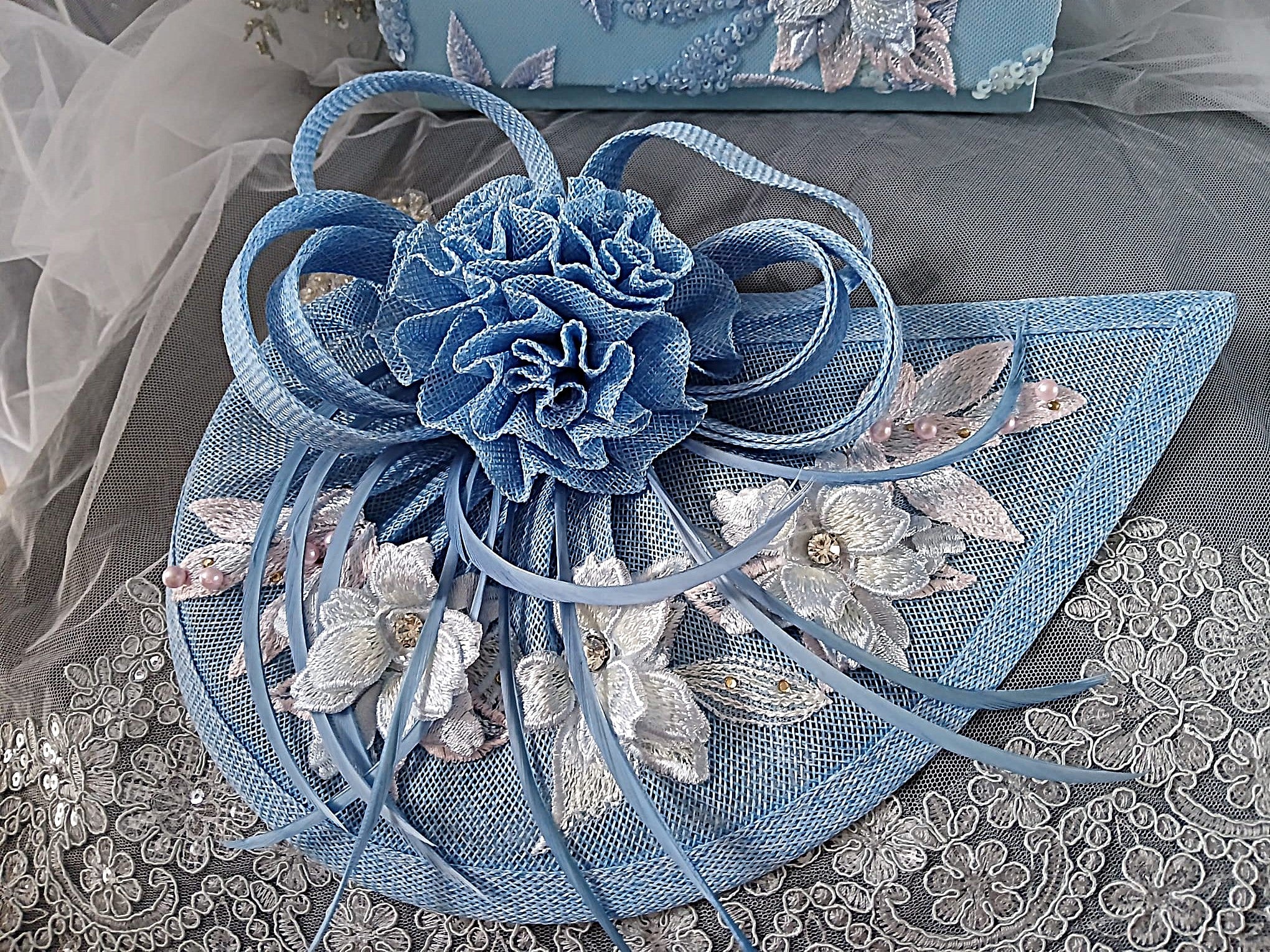Light Blue Floral Hat & Satin Clutch Bag Set, Accessories For Formal Event