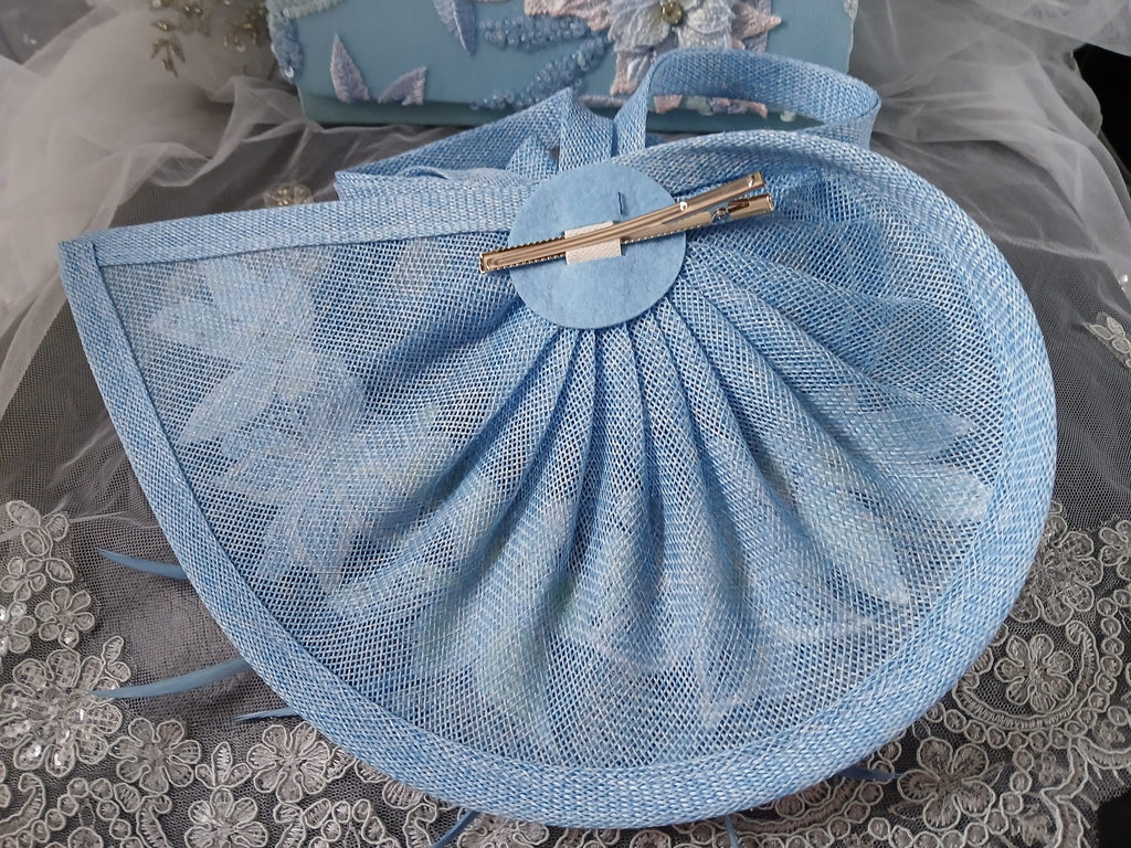 Light Blue Floral Hat & Satin Clutch Bag Set, Accessories For Formal Event