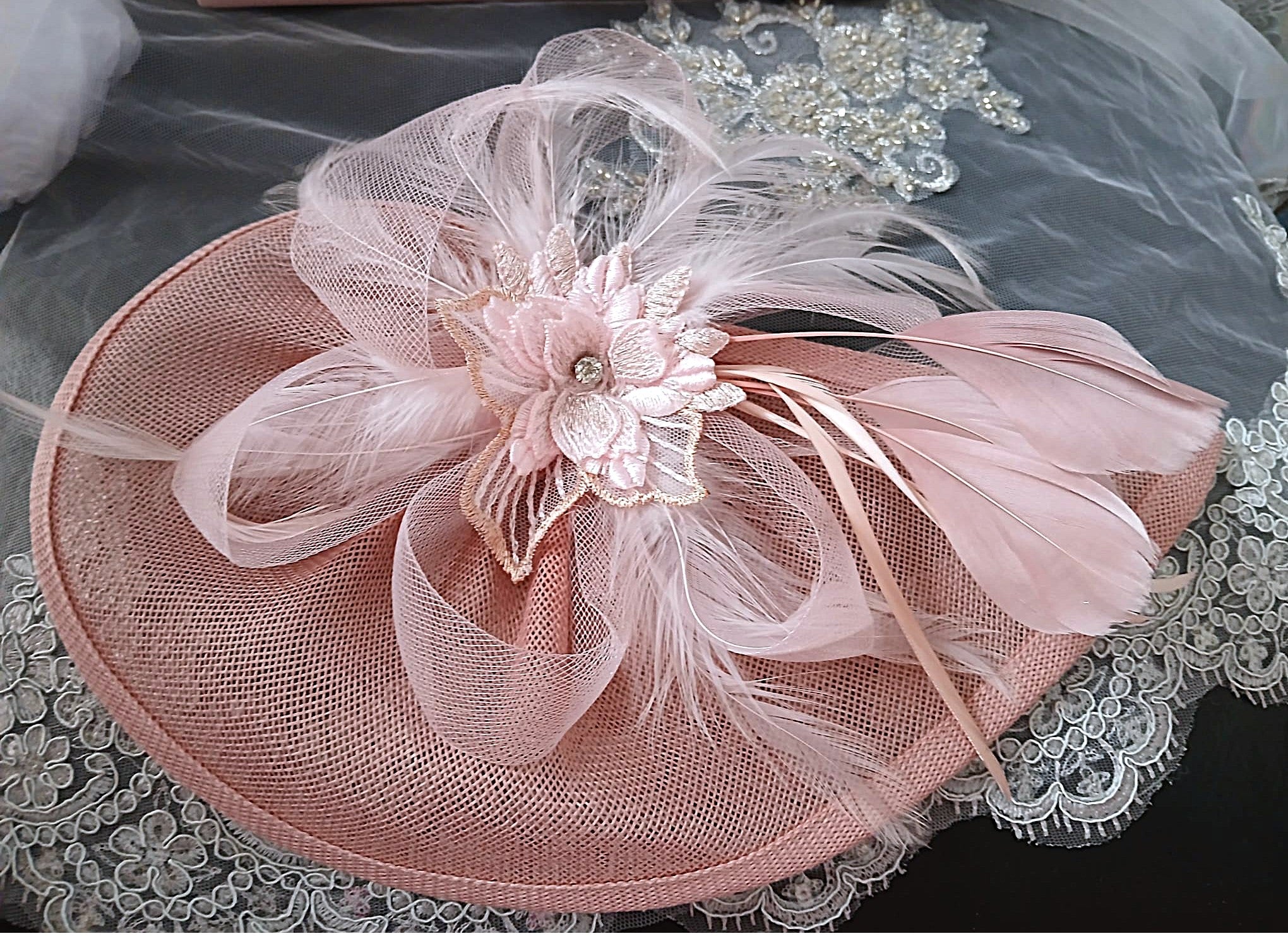 Blush Pink Floral Hat & Satin Evening Clutch Bag Set For Formal Event