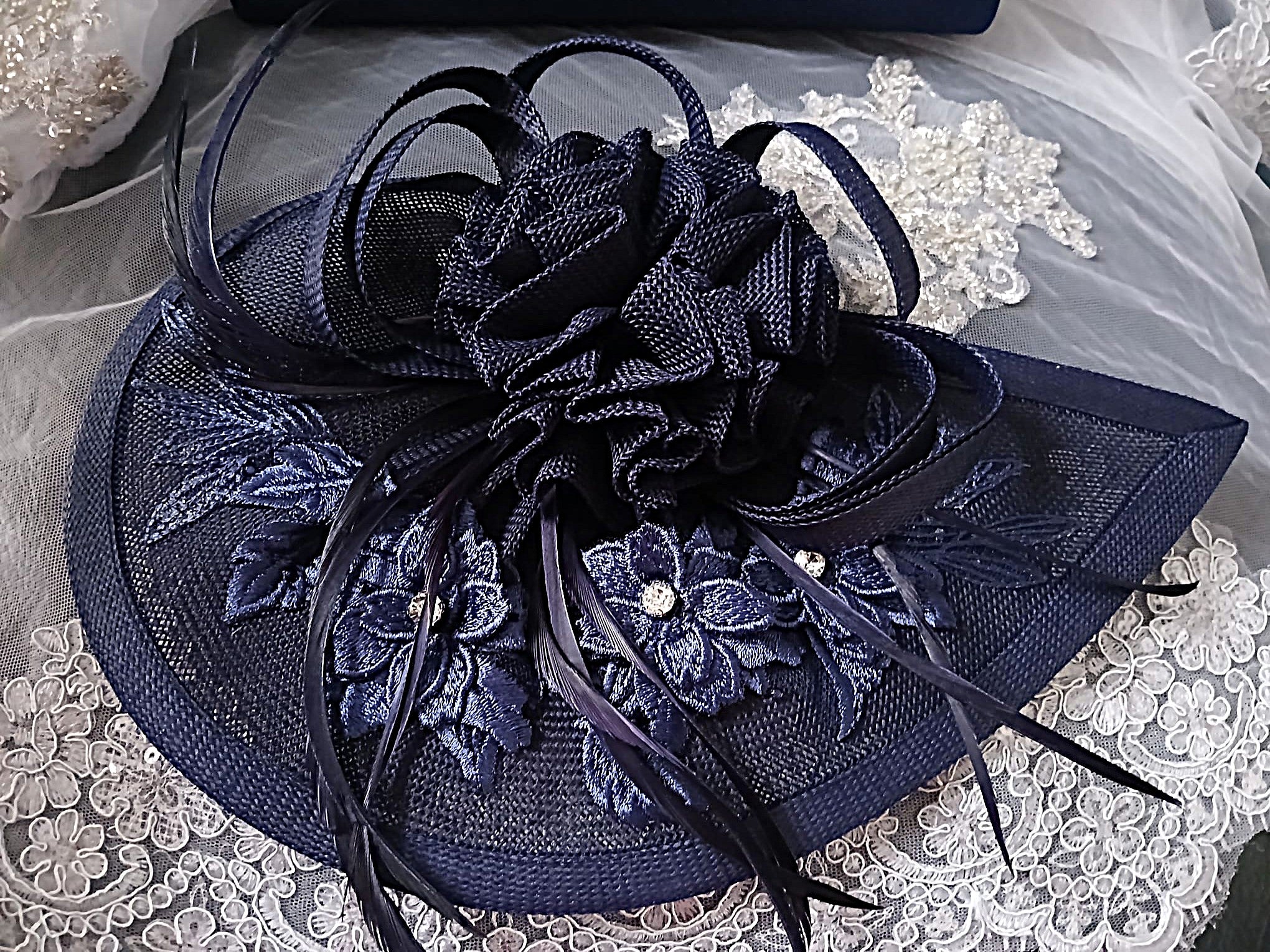 Navy Blue Floral Evening Clutch Bag & Hat Set For Formal Occasion
