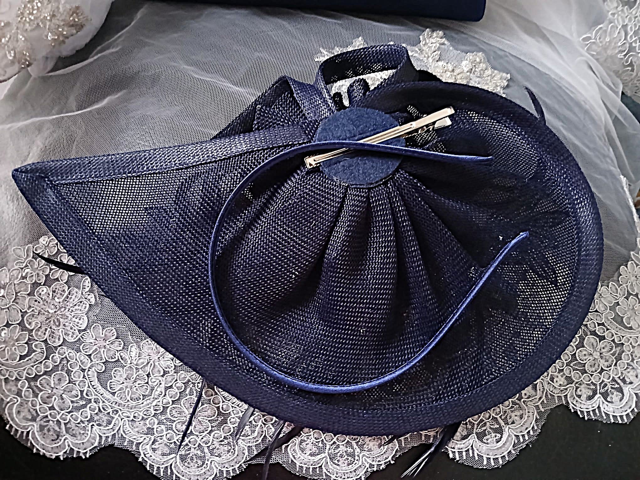 Navy Blue Floral Evening Clutch Bag & Hat Set For Formal Occasion