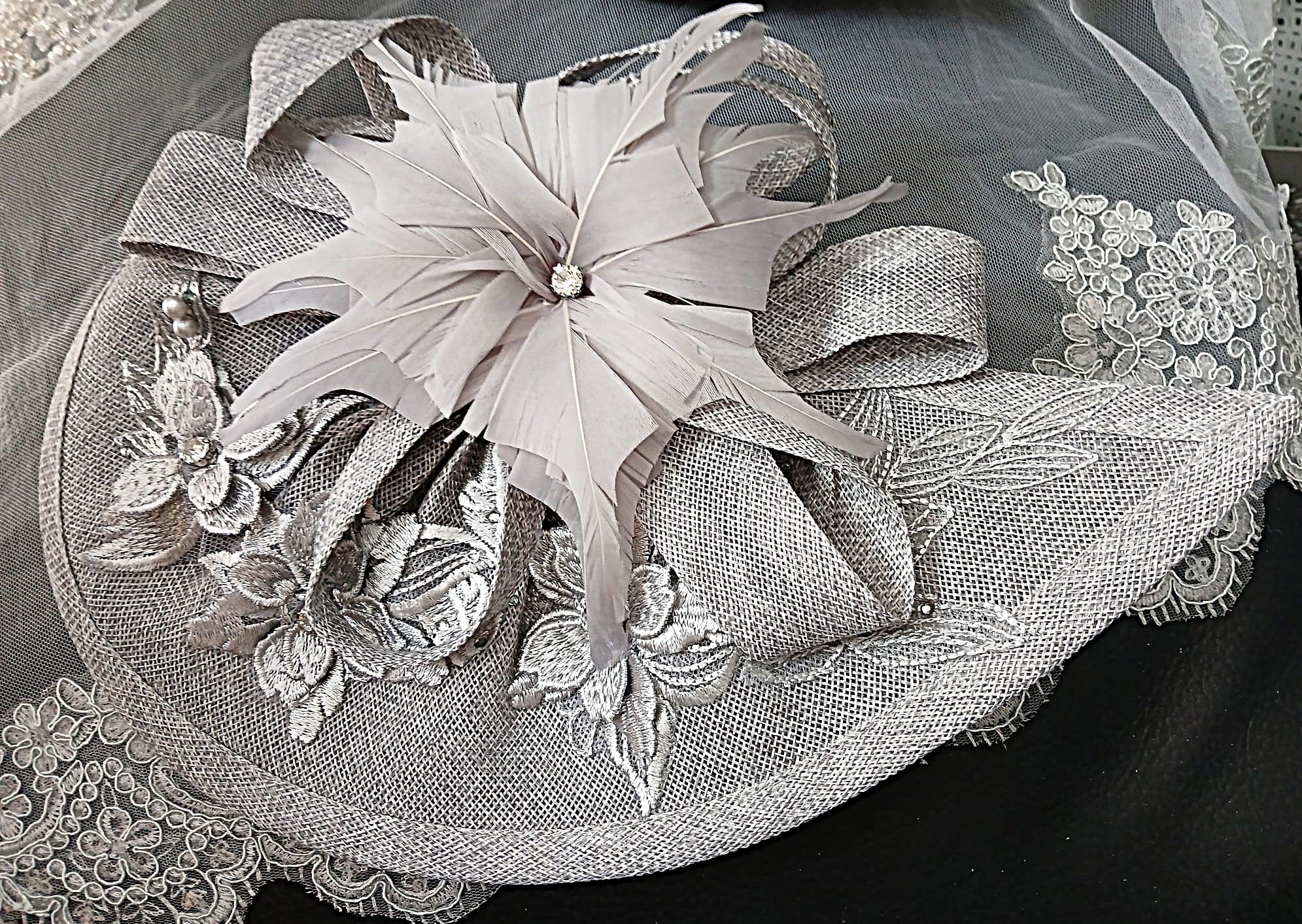 Silver Grey Satin Evening Clutch Bag with Matching Floral Design Hat