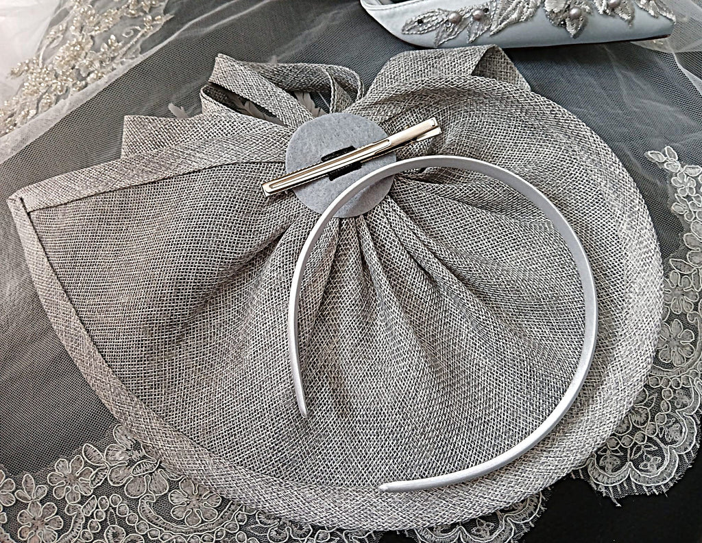 Silver Grey Satin Evening Clutch Bag with Matching Floral Design Hat