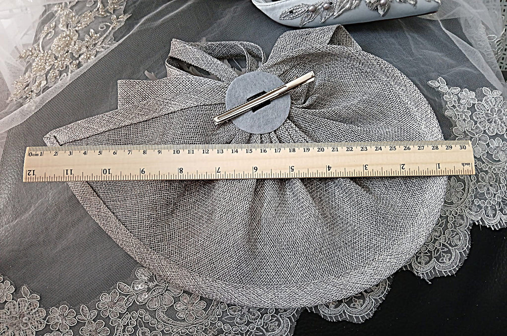 Silver Grey Satin Evening Clutch Bag with Matching Floral Design Hat