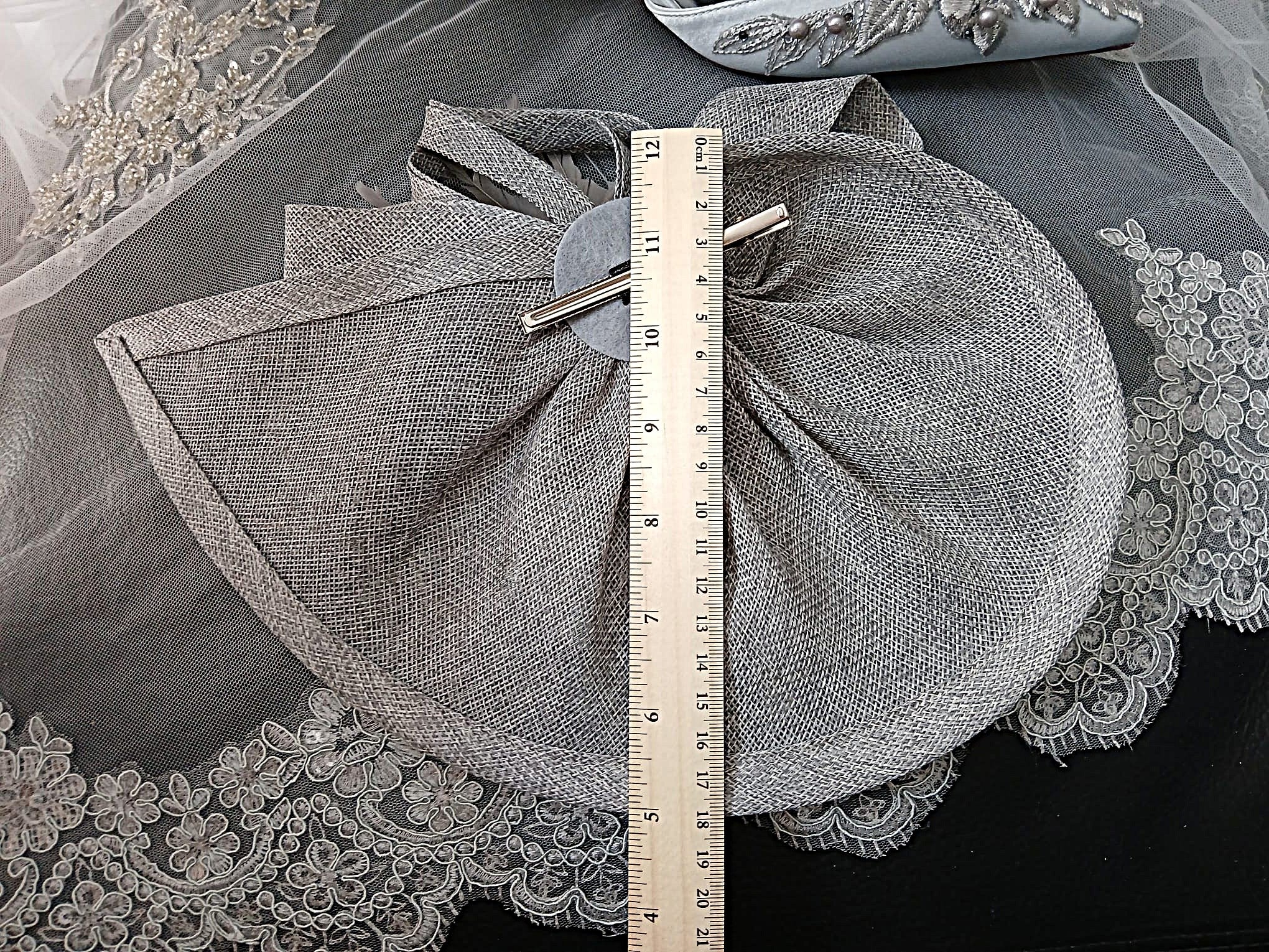Silver Grey Satin Evening Clutch Bag with Matching Floral Design Hat