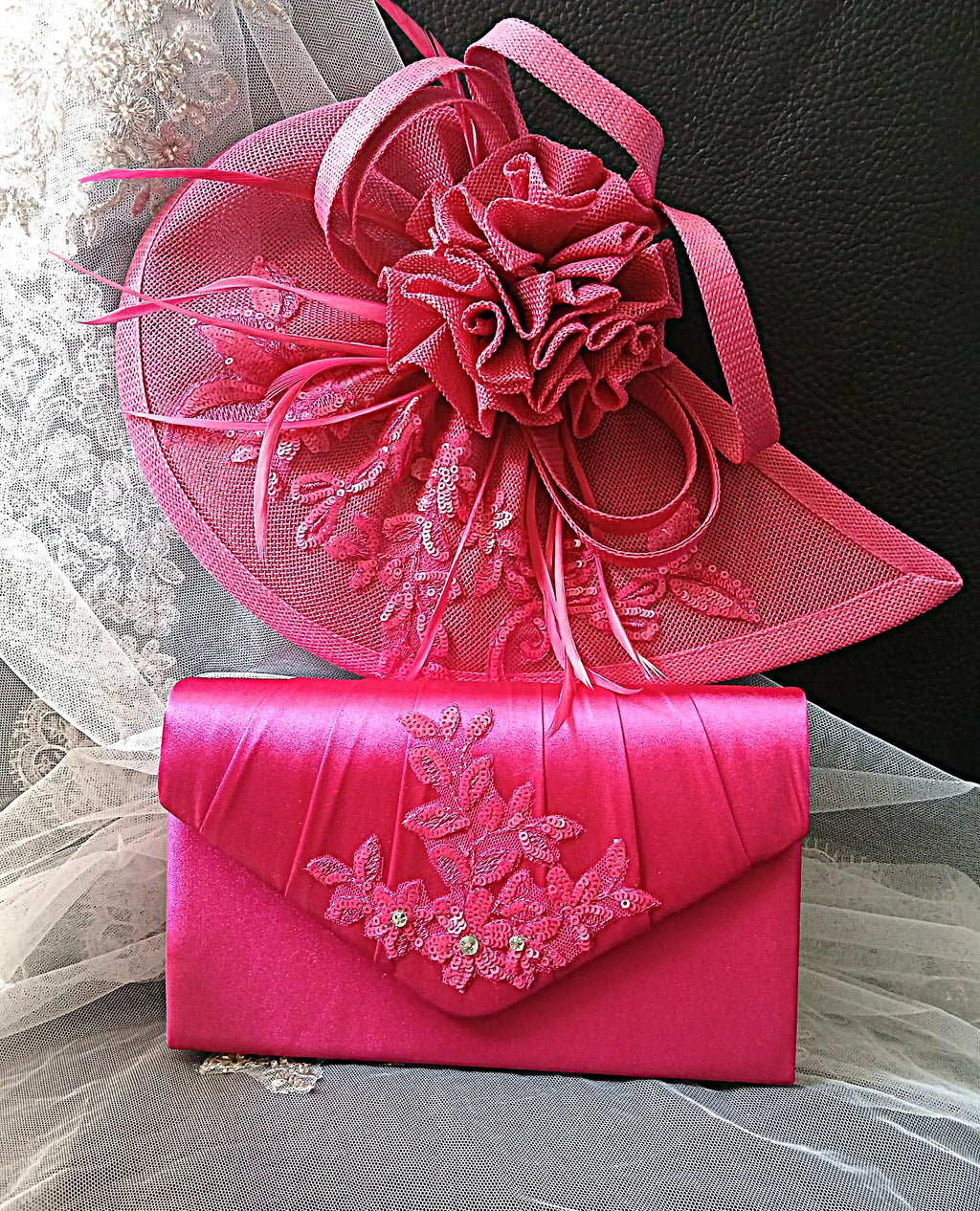 Fuchsia Satin Block Heel Shoes Hat & Clutch Set For Formal Event