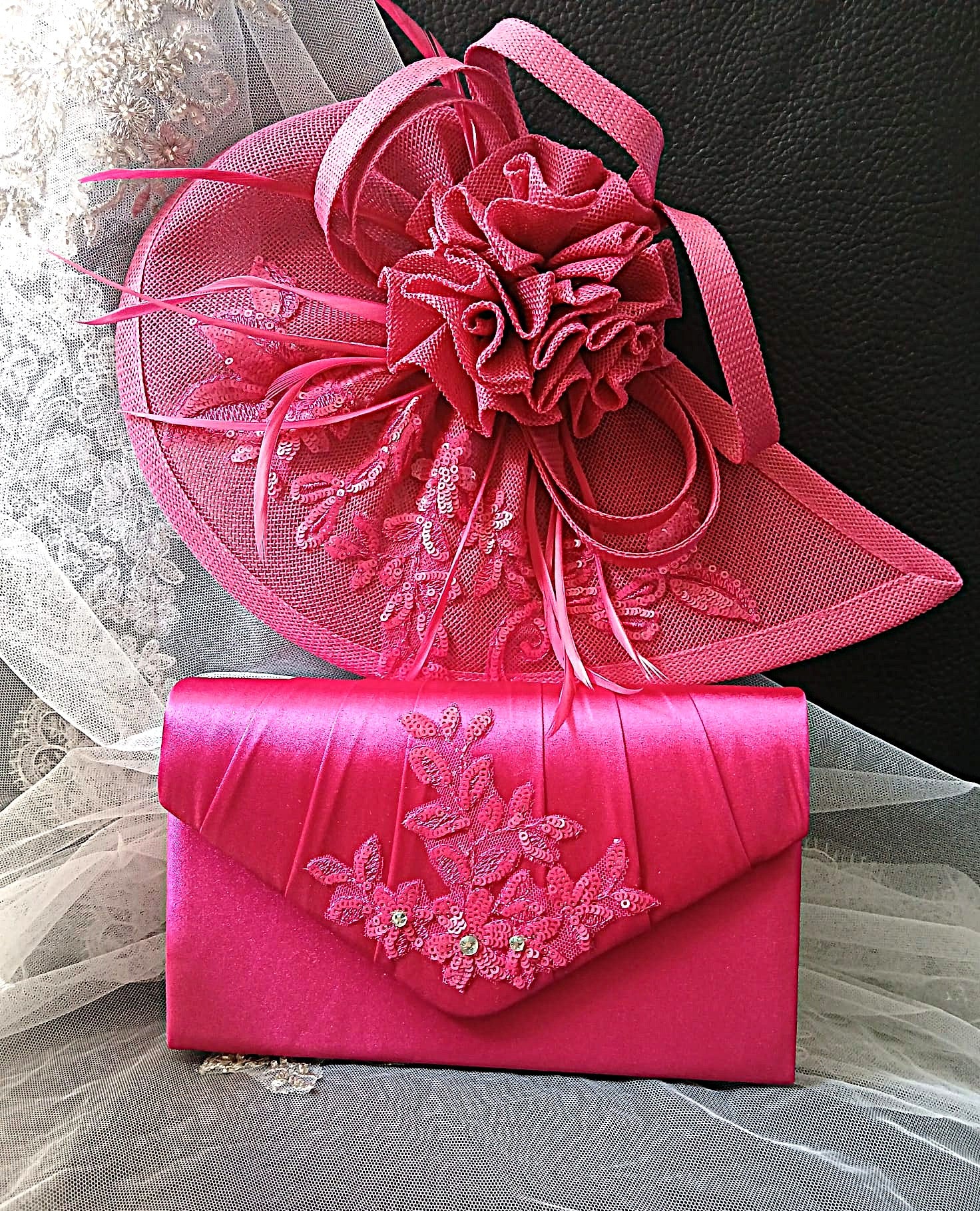 Fuchsia Satin Block Heel Shoes Hat & Clutch Set For Formal Event