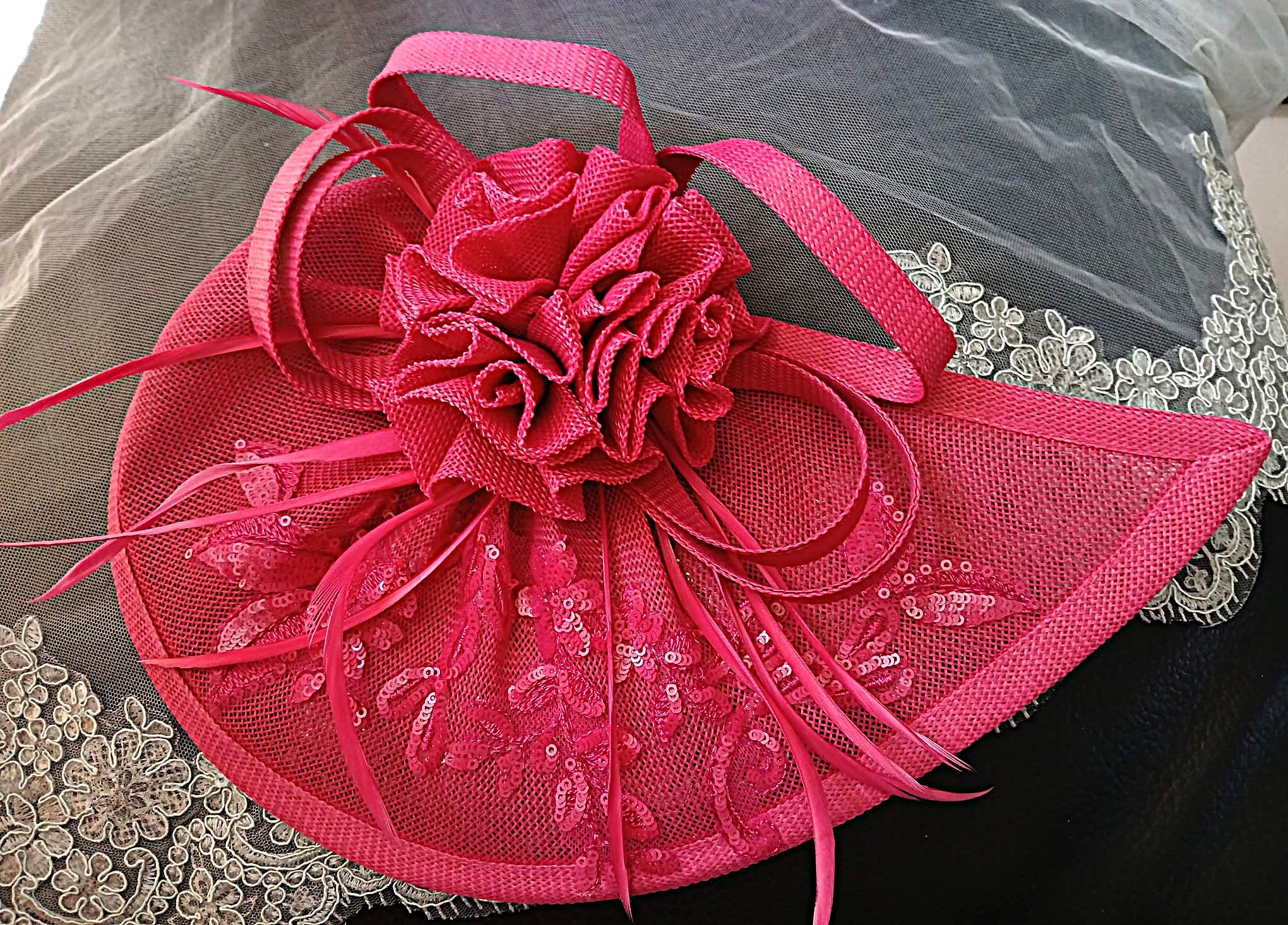 Fuchsia Satin Block Heel Shoes Hat & Clutch Set For Formal Event