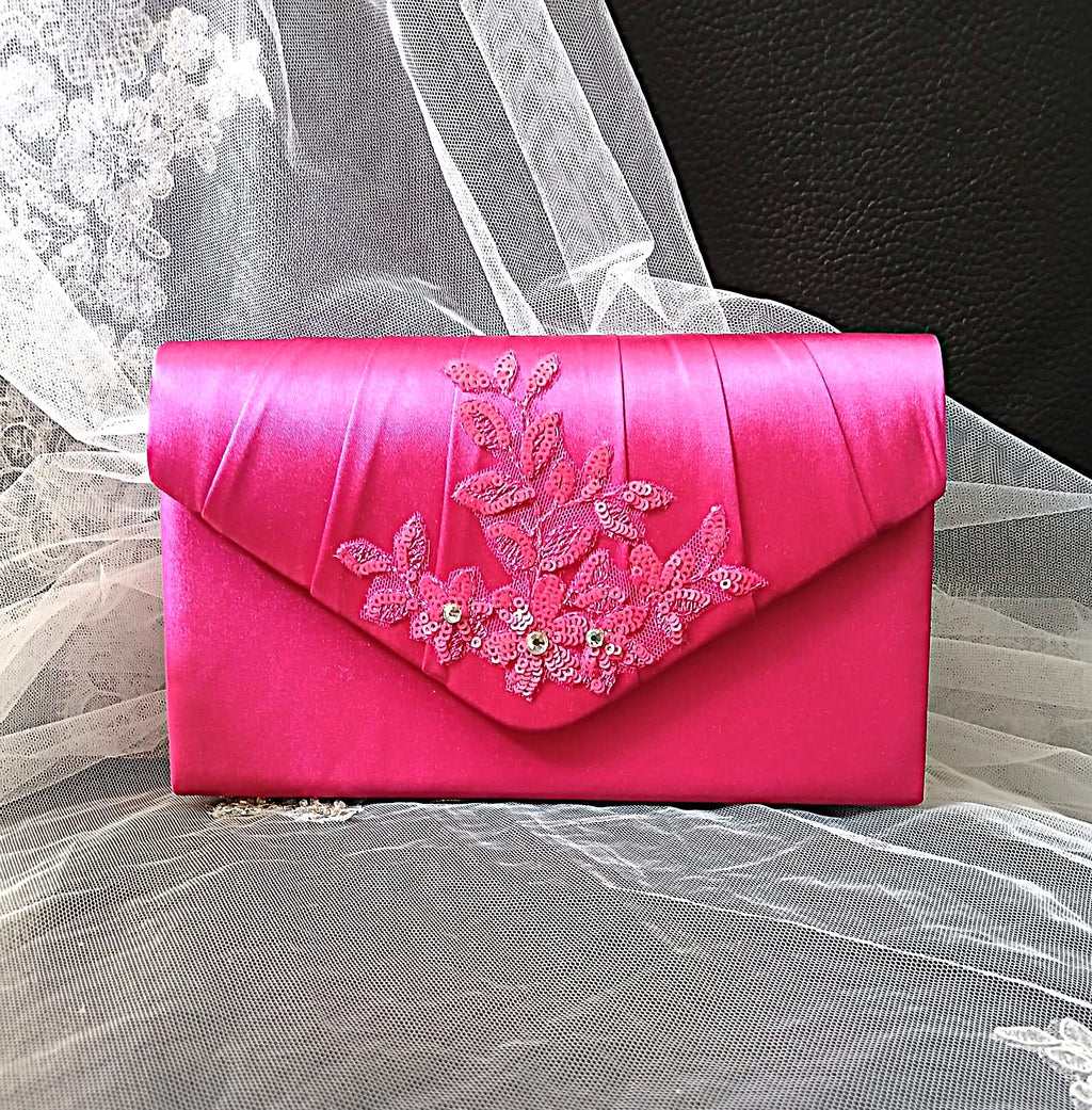 Fuchsia Satin Block Heel Shoes Hat & Clutch Set For Formal Event