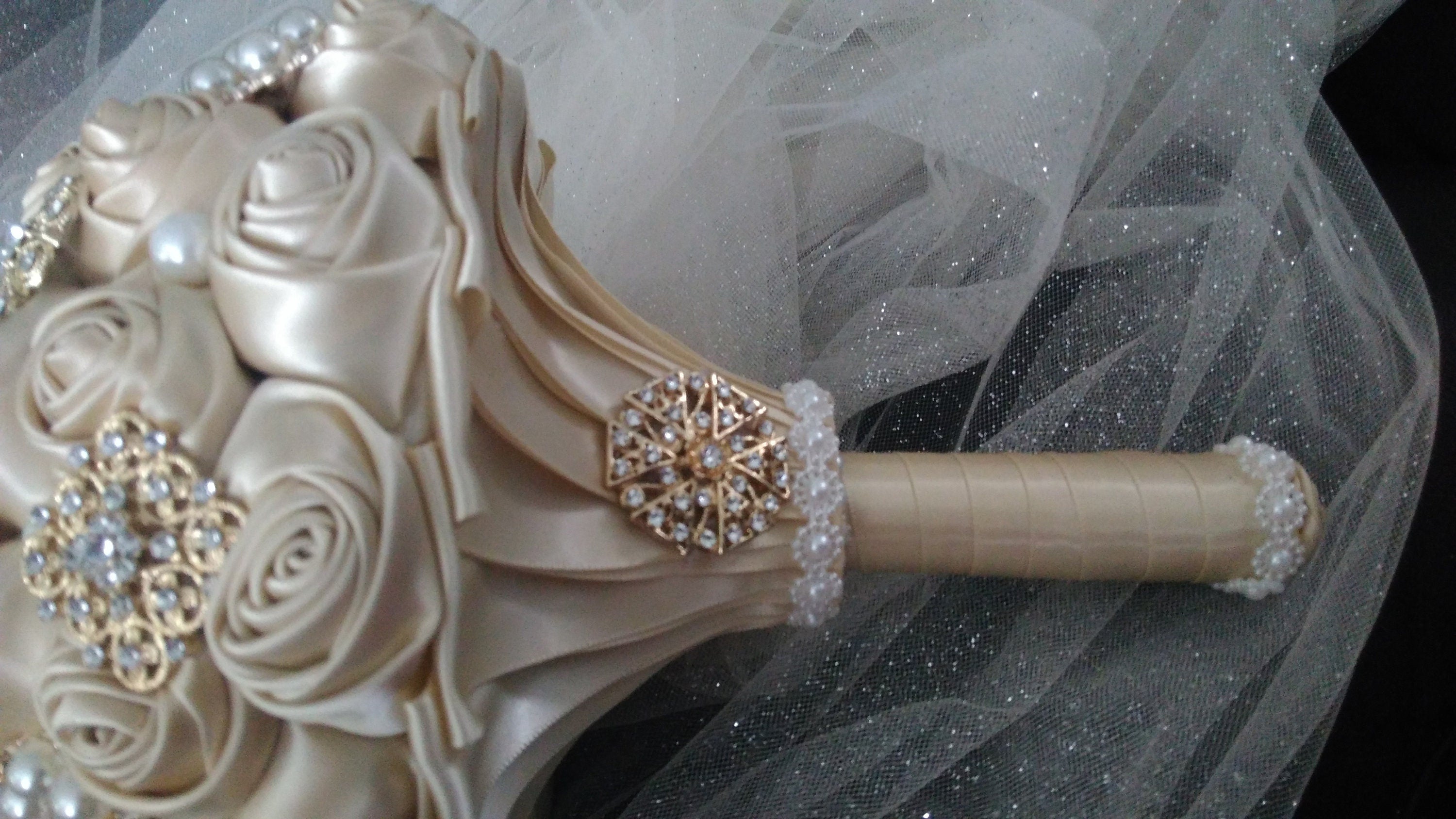 Champagne Wedding Brooch Bouquet: Handmade Pearl Rose Posy