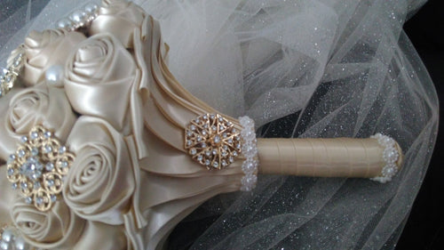 Champagne Wedding Brooch Bouquet: Handmade Pearl Rose Posy