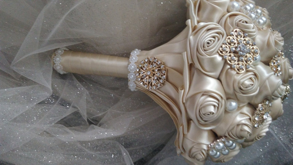 Champagne Wedding Brooch Bouquet: Handmade Pearl Rose Posy