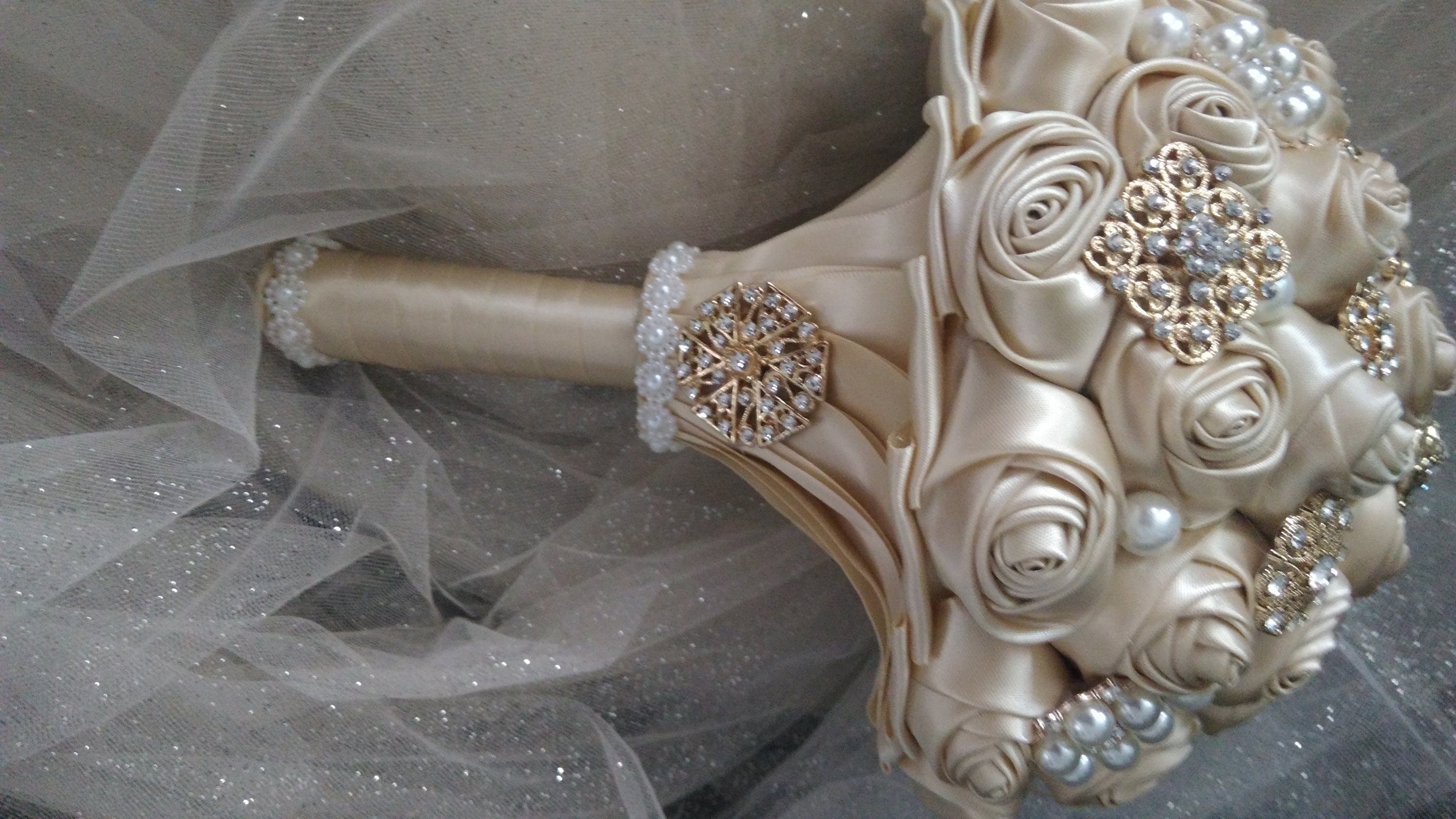 Champagne Wedding Brooch Bouquet: Handmade Pearl Rose Posy