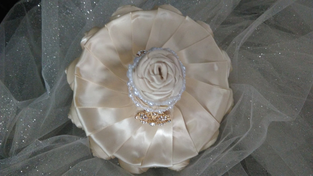 Champagne Wedding Brooch Bouquet: Handmade Pearl Rose Posy