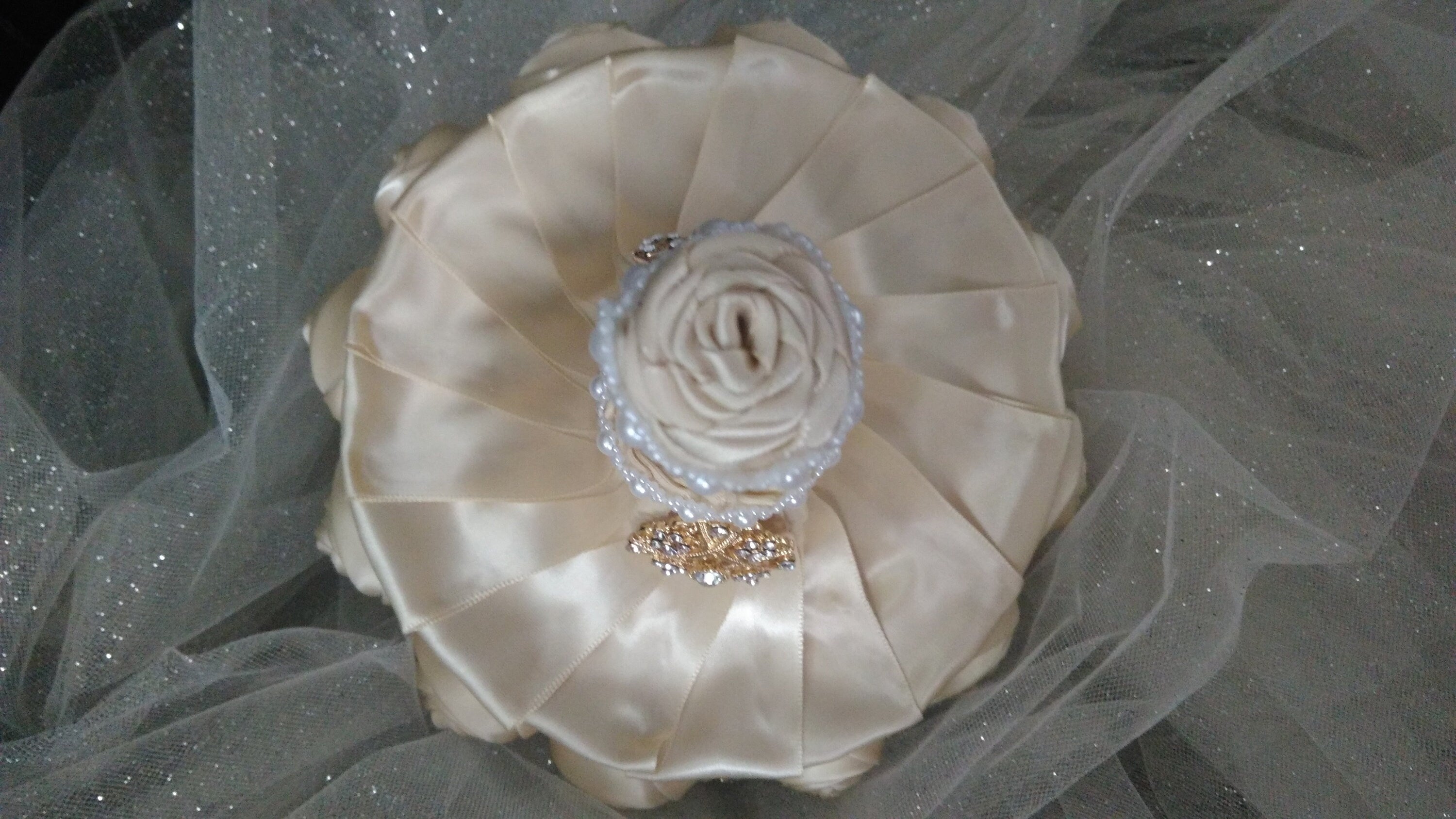 Champagne Wedding Brooch Bouquet: Handmade Pearl Rose Posy