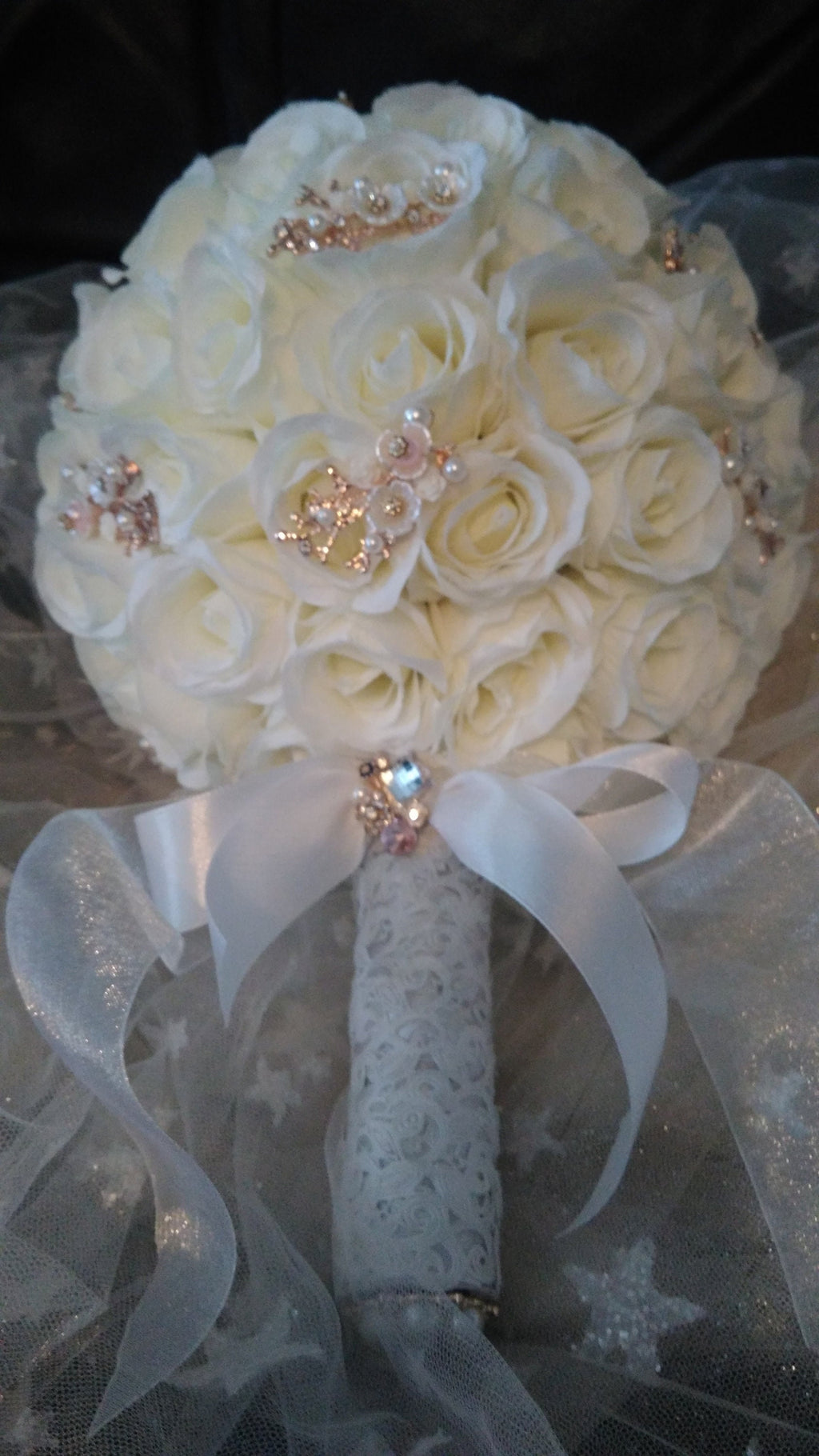 White Silk Rose Wedding Bouquet with Rose Gold Brooches
