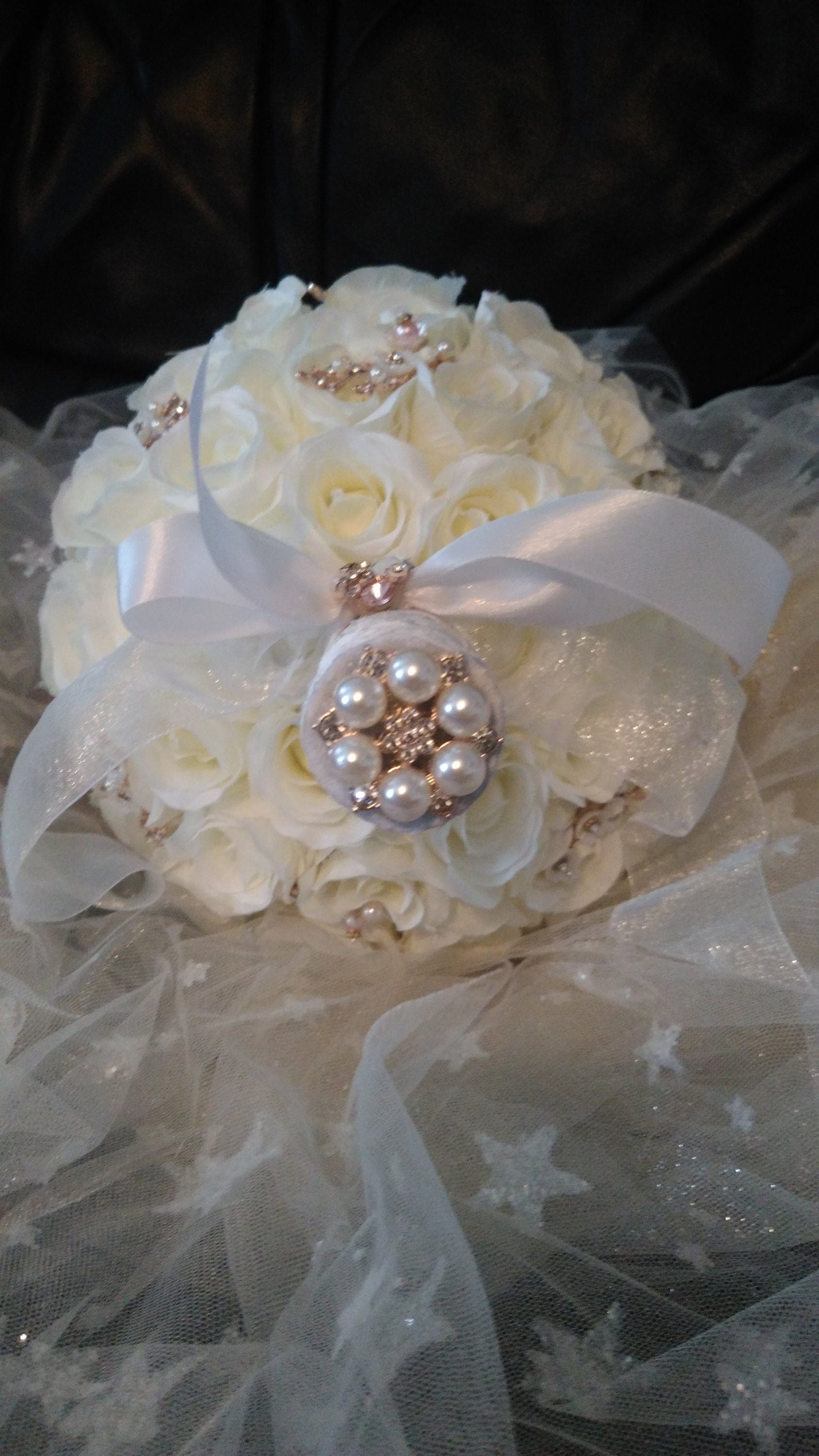 White Silk Rose Wedding Bouquet with Rose Gold Brooches