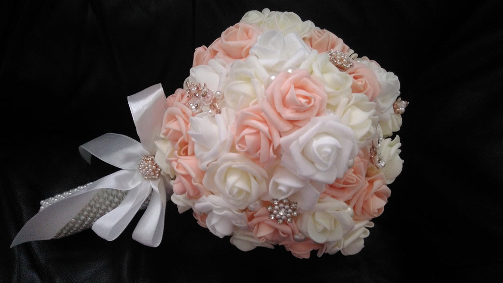 Champagne Rose Brooch Wedding Bouquet: Bridal Foam Flower Bouquet