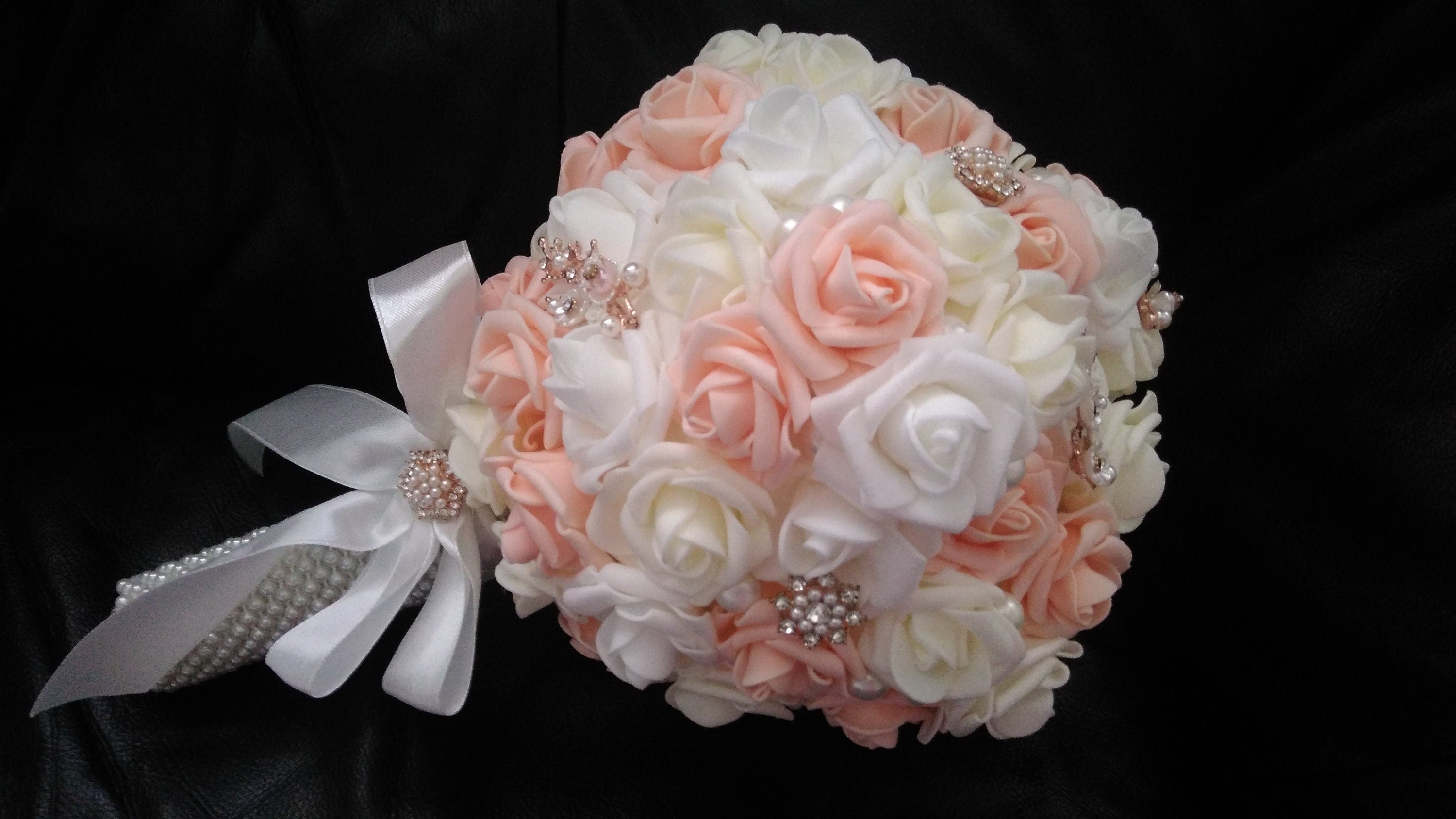 Champagne Rose Brooch Wedding Bouquet: Bridal Foam Flower Bouquet