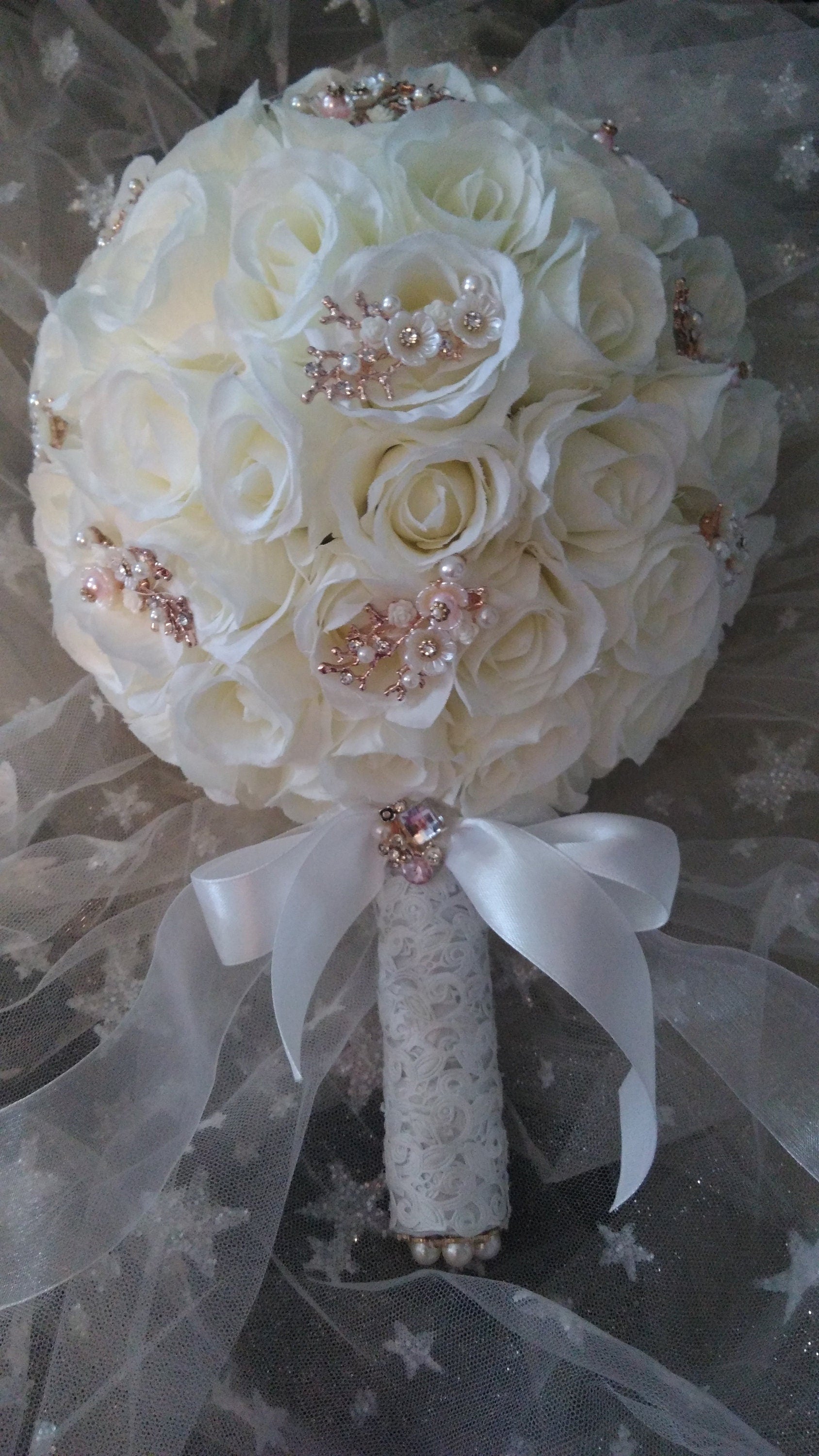 White Silk Rose Wedding Bouquet with Rose Gold Brooches