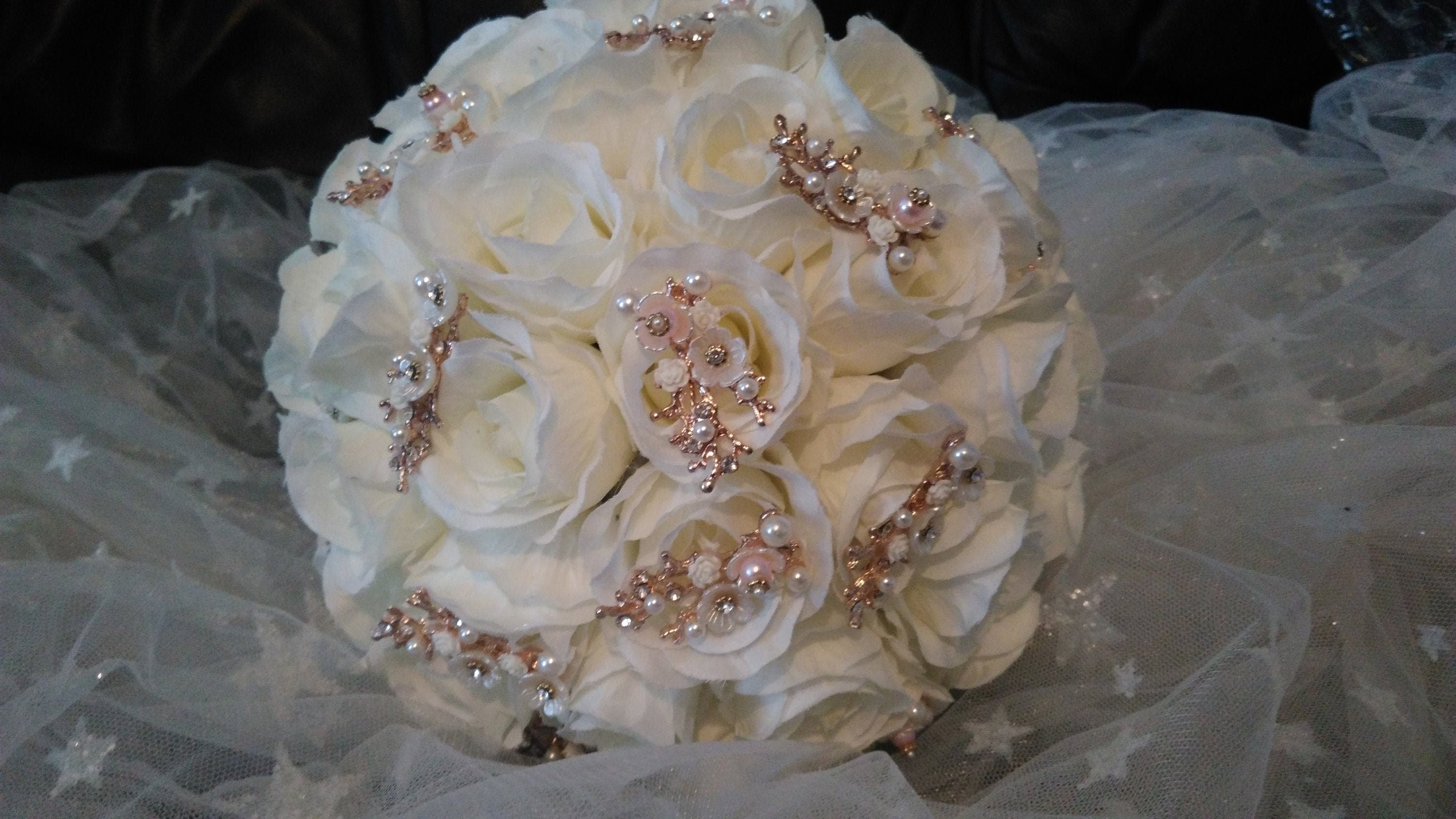 White Silk Rose Wedding Bouquet with Rose Gold Brooches