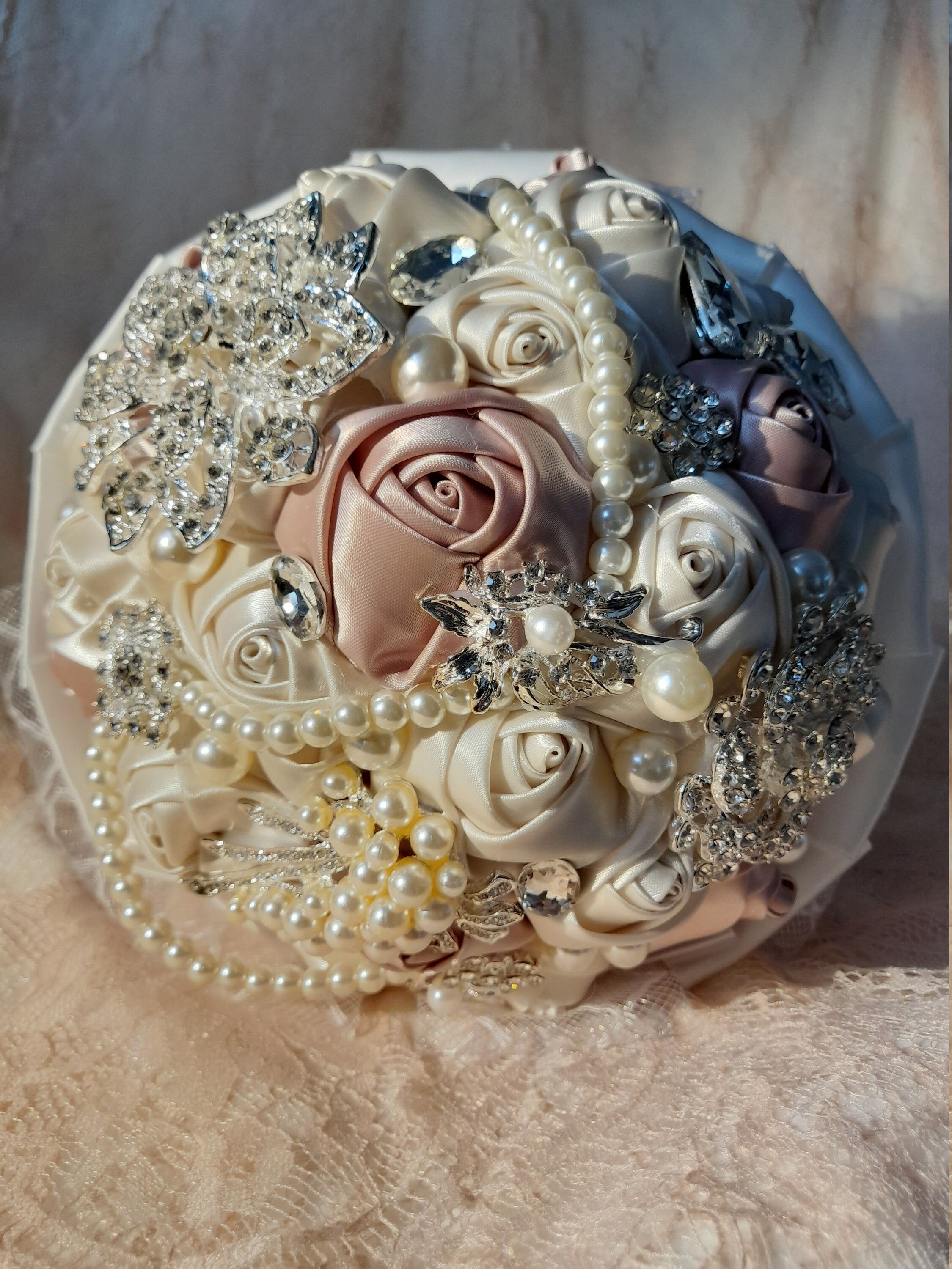Ivory Rose Wedding Bouquet: Beaded Pearl Bridal Bouquet