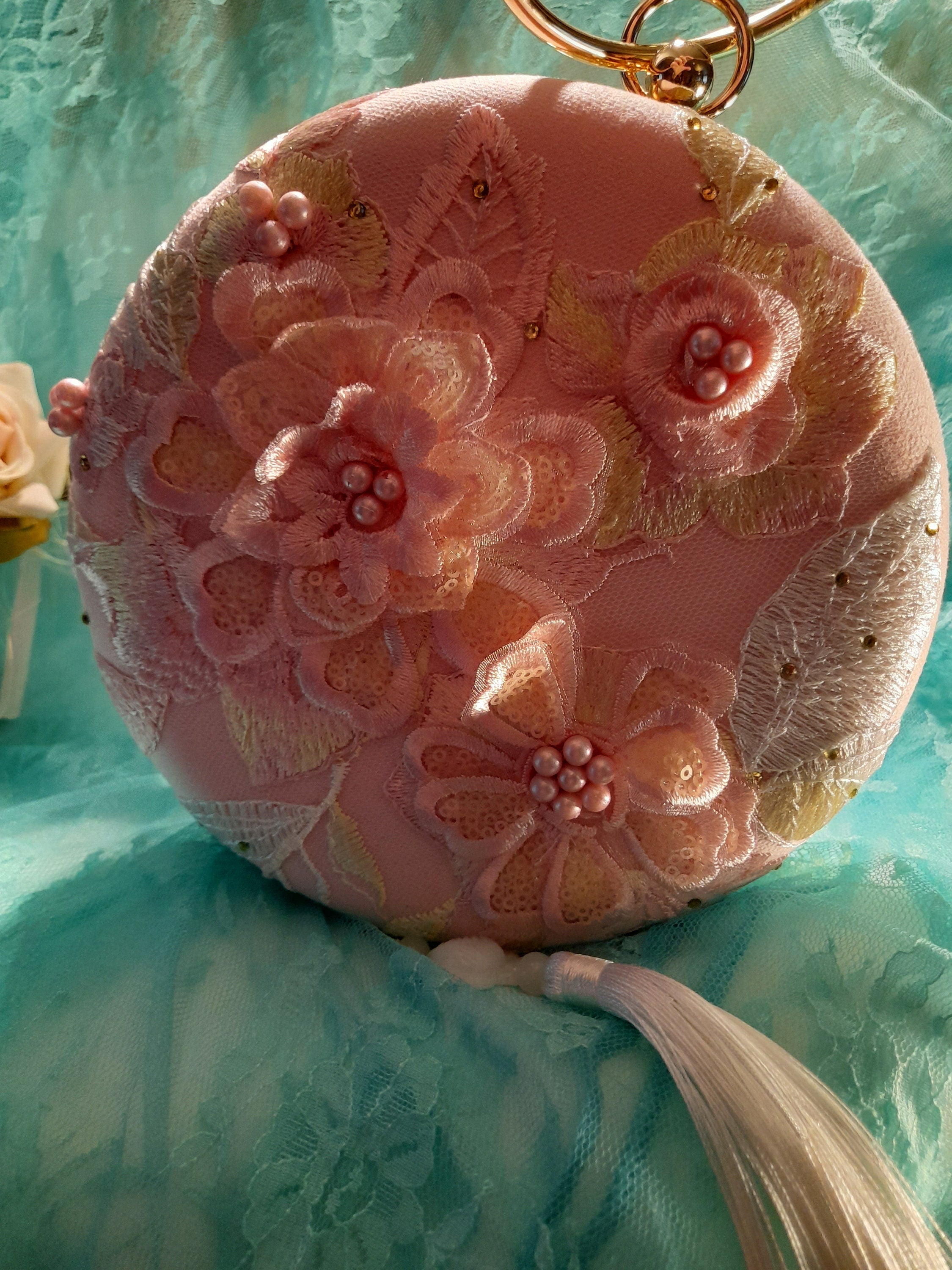 Embroidered Bridal Clutch,Pink Wedding Purse,Handbag With Tassel
