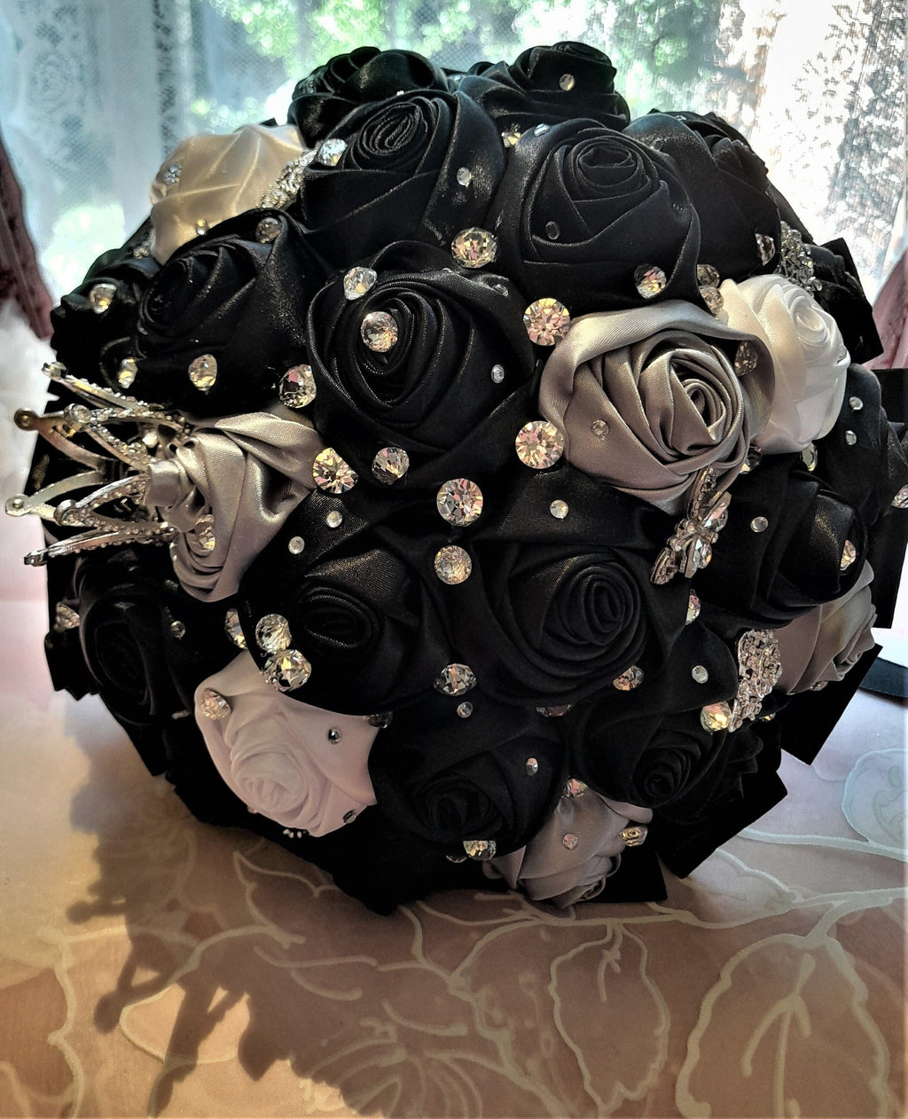 Black Satin Flower Wedding Bouquet: Vintage Brooch & Zirconia