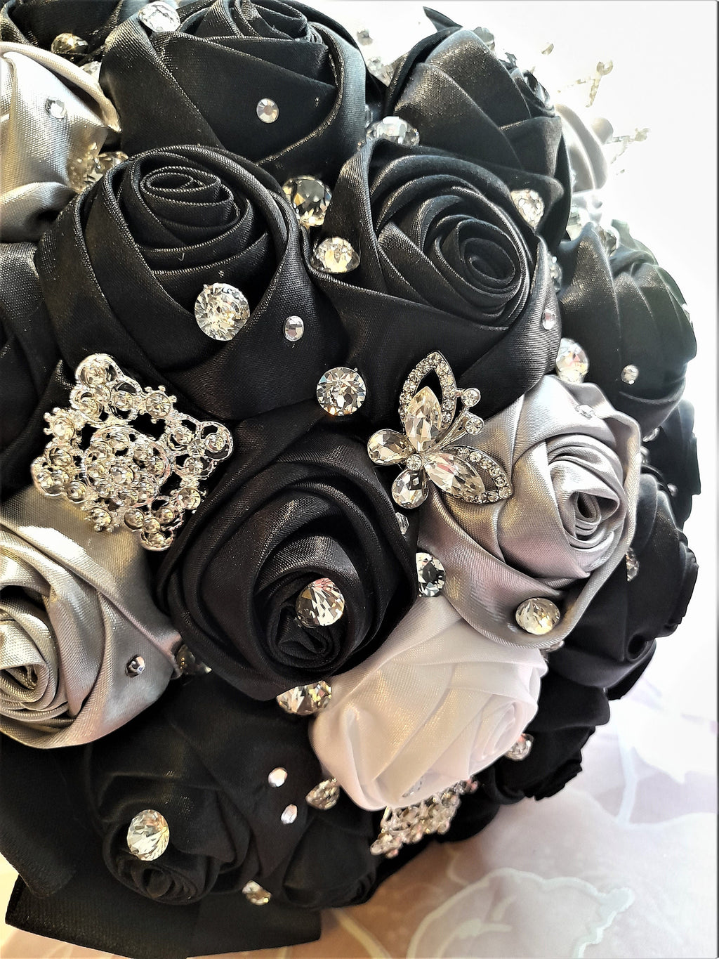 Black Satin Flower Wedding Bouquet: Vintage Brooch & Zirconia