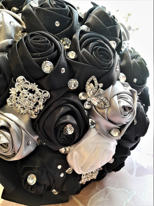 Black Satin Flower Wedding Bouquet: Vintage Brooch & Zirconia