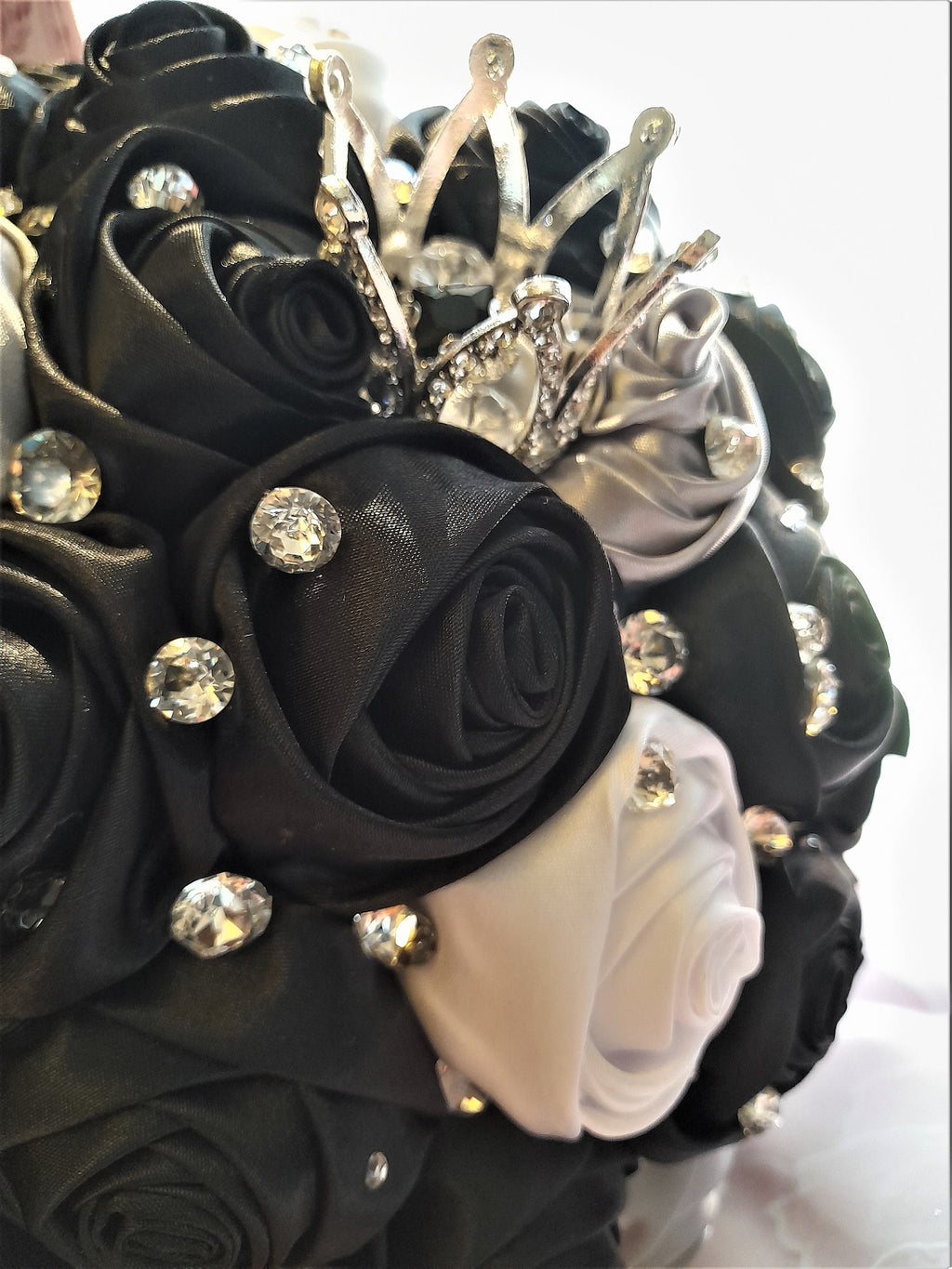 Black Satin Flower Wedding Bouquet: Vintage Brooch & Zirconia