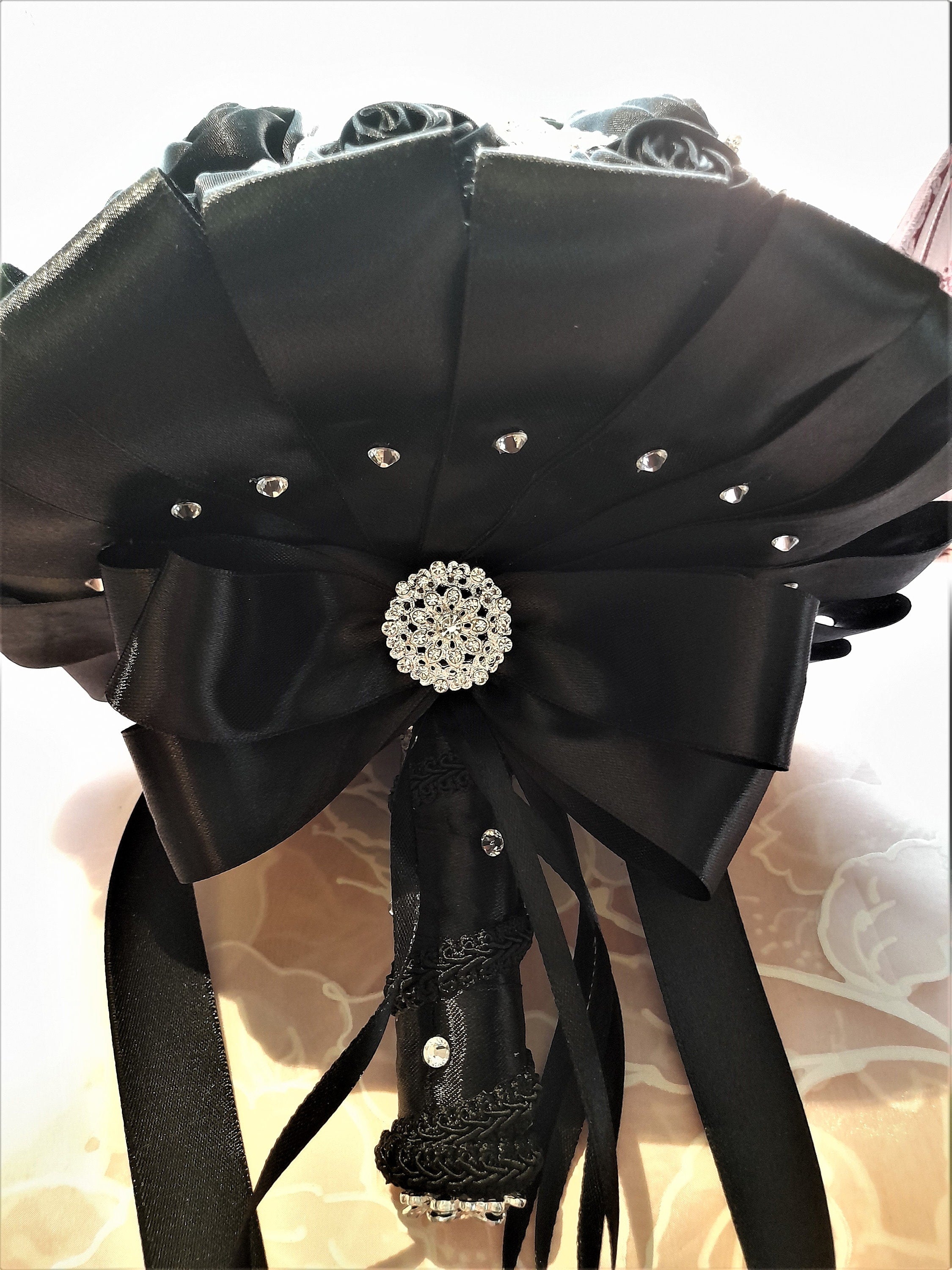 Black Satin Flower Wedding Bouquet: Vintage Brooch & Zirconia