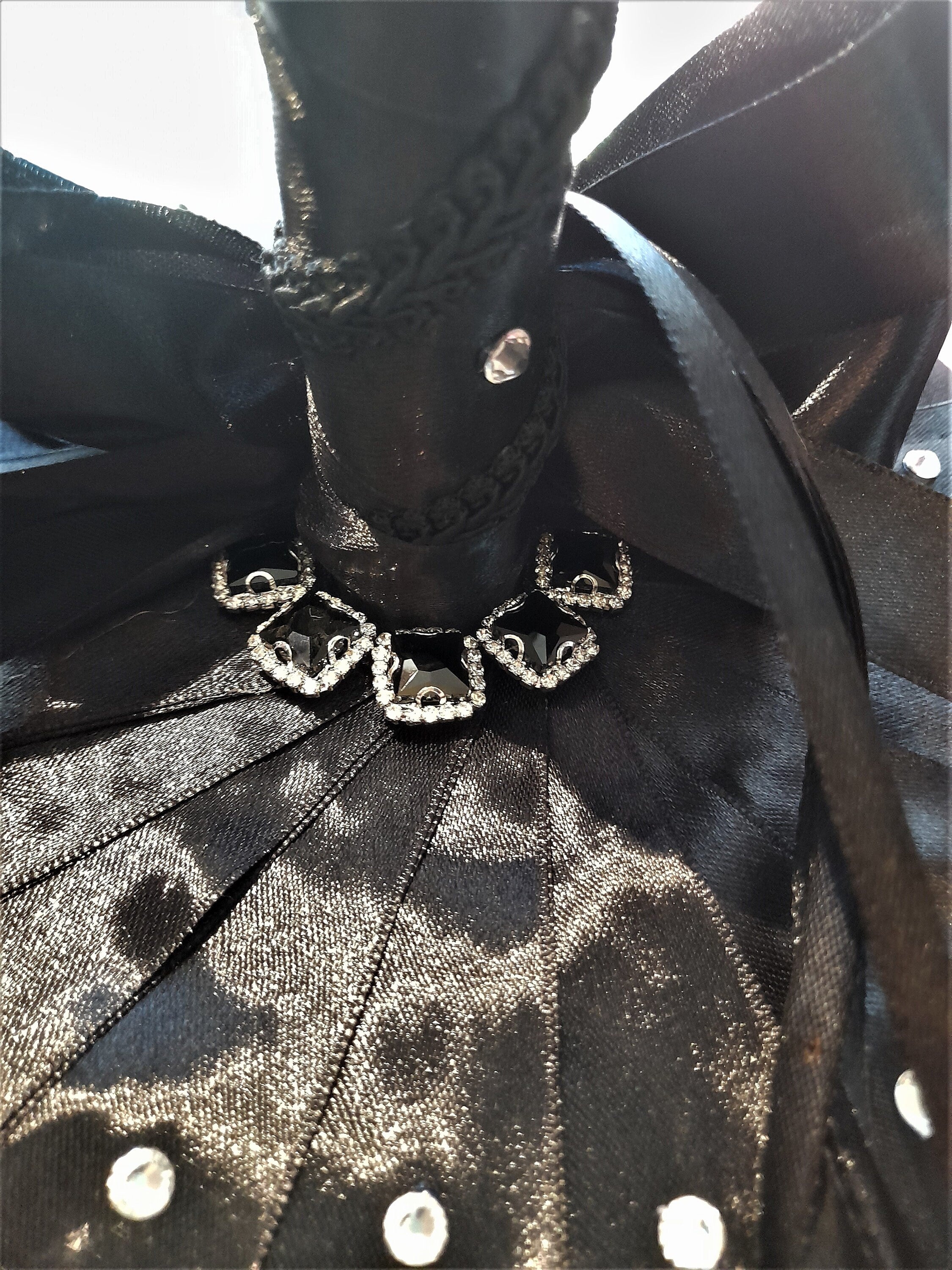 Black Satin Flower Wedding Bouquet: Vintage Brooch & Zirconia