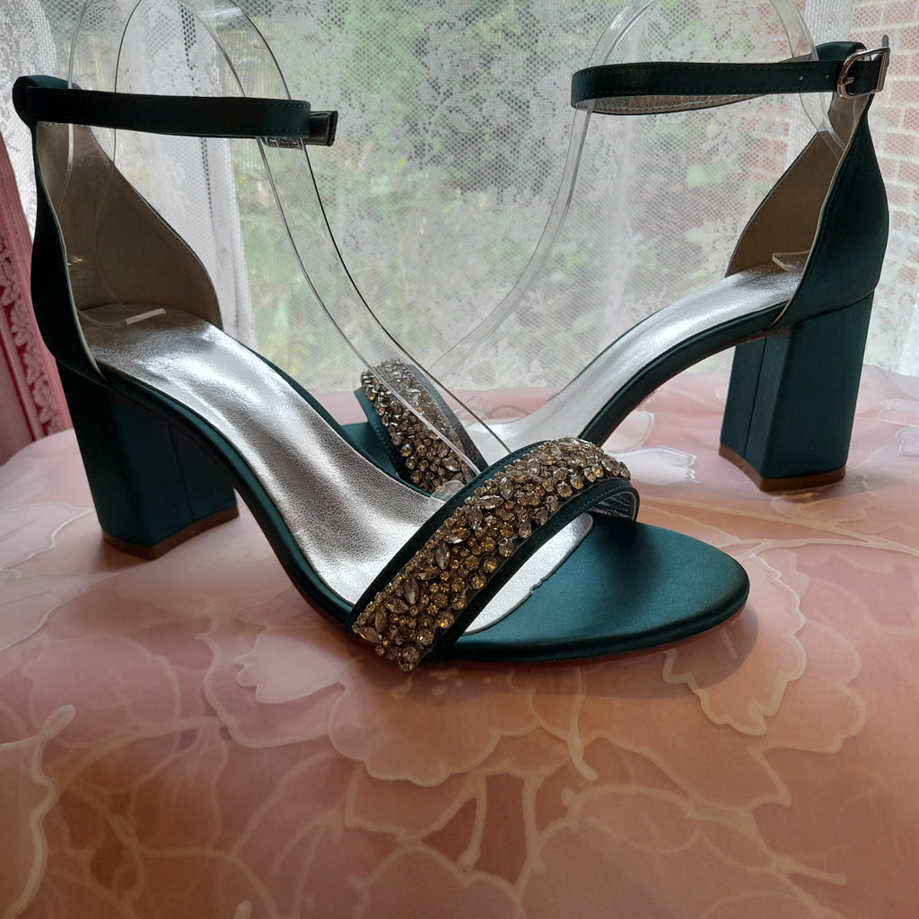 Emerald Green Satin Shoes,Bridal Shoes With Crystals,Wedding Sandals