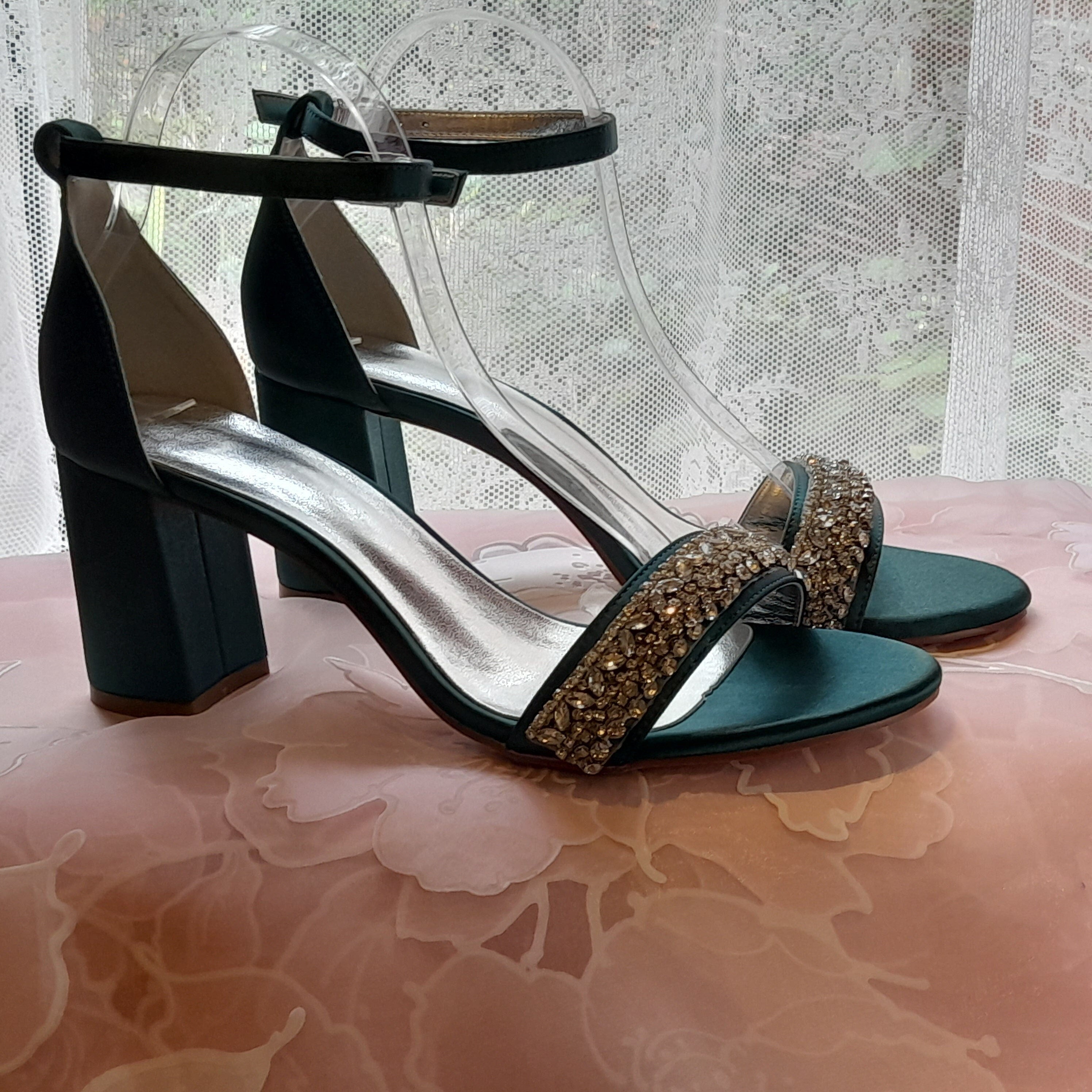 Emerald Green Satin Shoes,Bridal Shoes With Crystals,Wedding Sandals