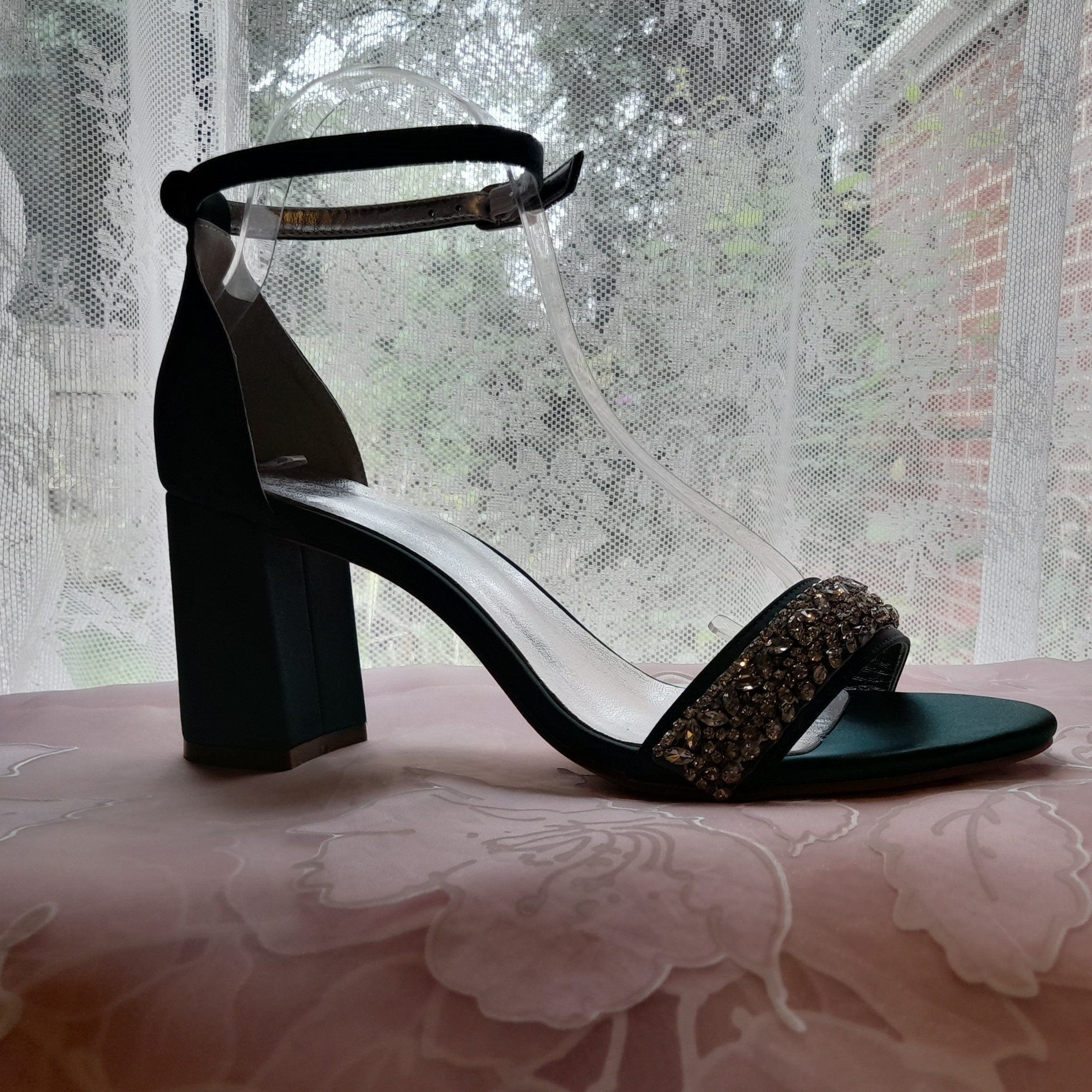 Emerald Green Satin Shoes,Bridal Shoes With Crystals,Wedding Sandals