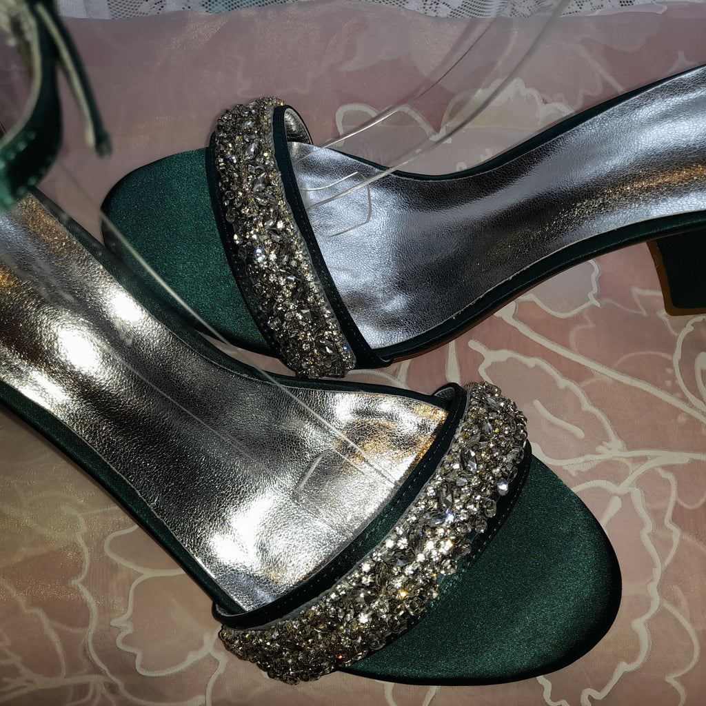 Emerald Green Satin Shoes,Bridal Shoes With Crystals,Wedding Sandals