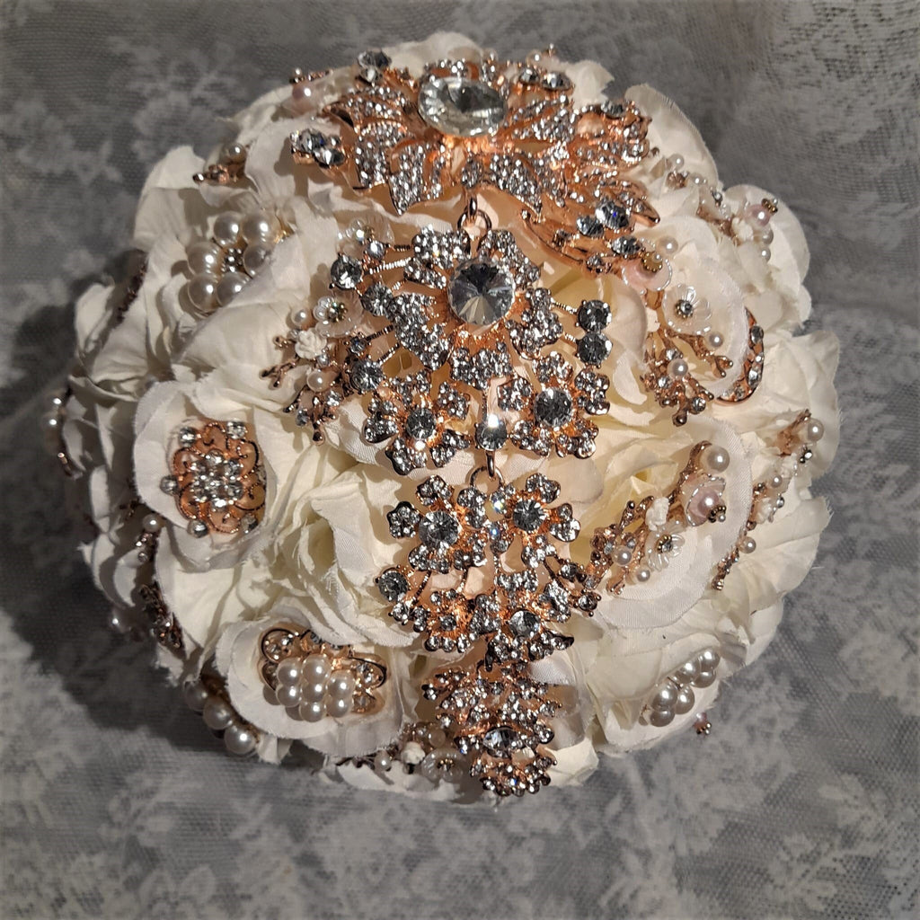 Rose Gold Brooch Wedding Bouquet: Handmade Silk Flower Bridal Bouquet