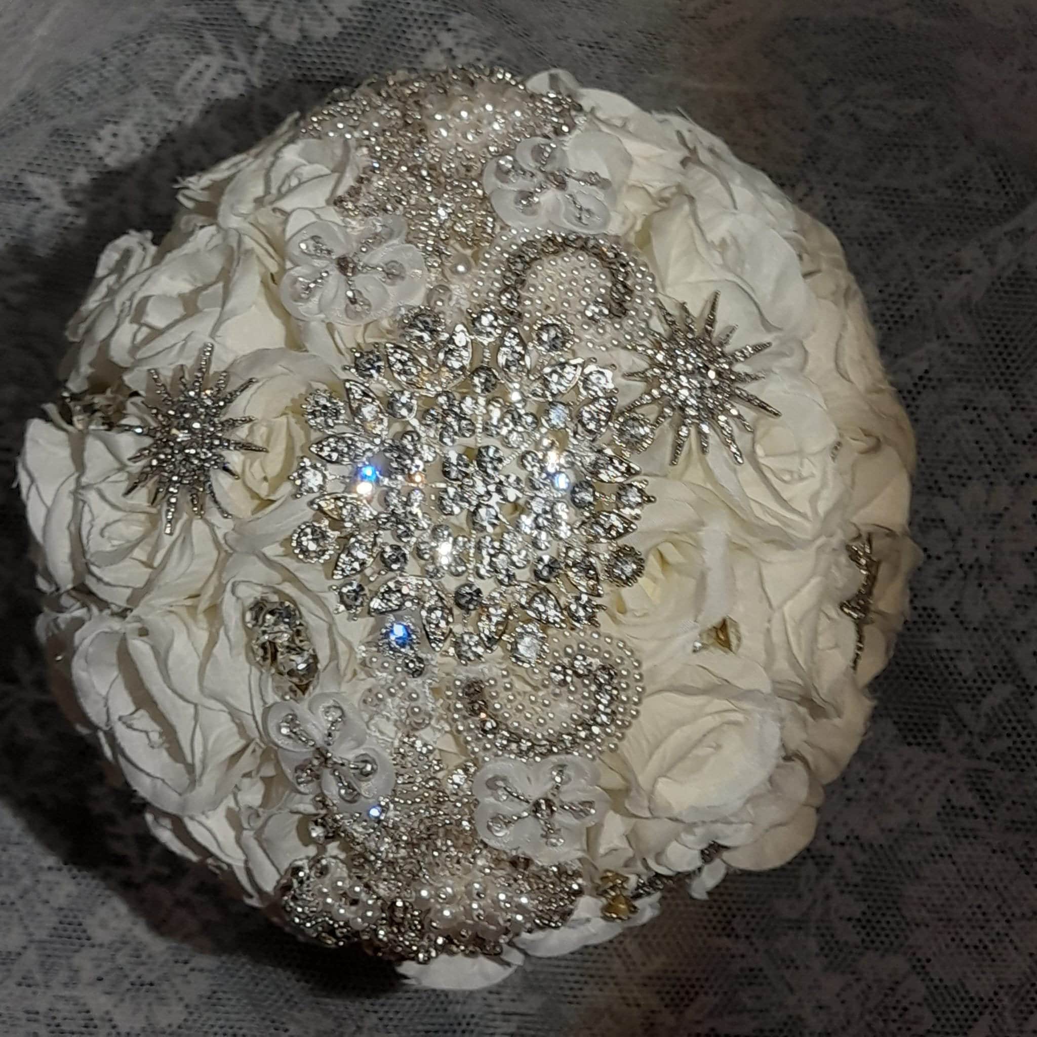 Handmade Silk Rose Wedding Bouquet: Celestial Silver Brooch Crystals