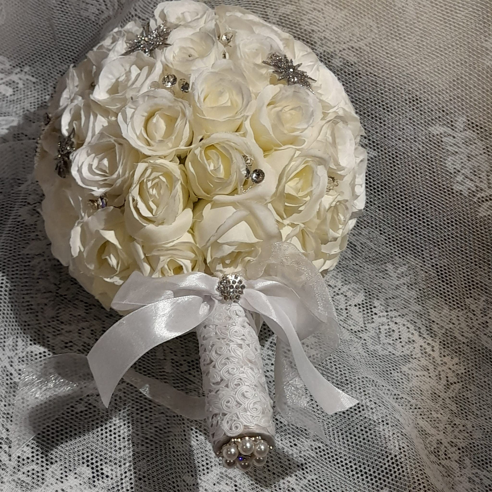 Handmade Silk Rose Wedding Bouquet: Celestial Silver Brooch Crystals