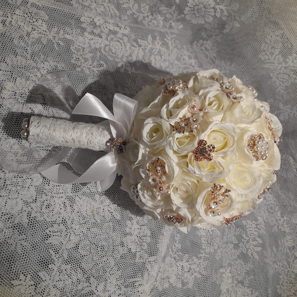 Rose Gold Brooch Wedding Bouquet: Handmade Silk Flower Bridal Bouquet