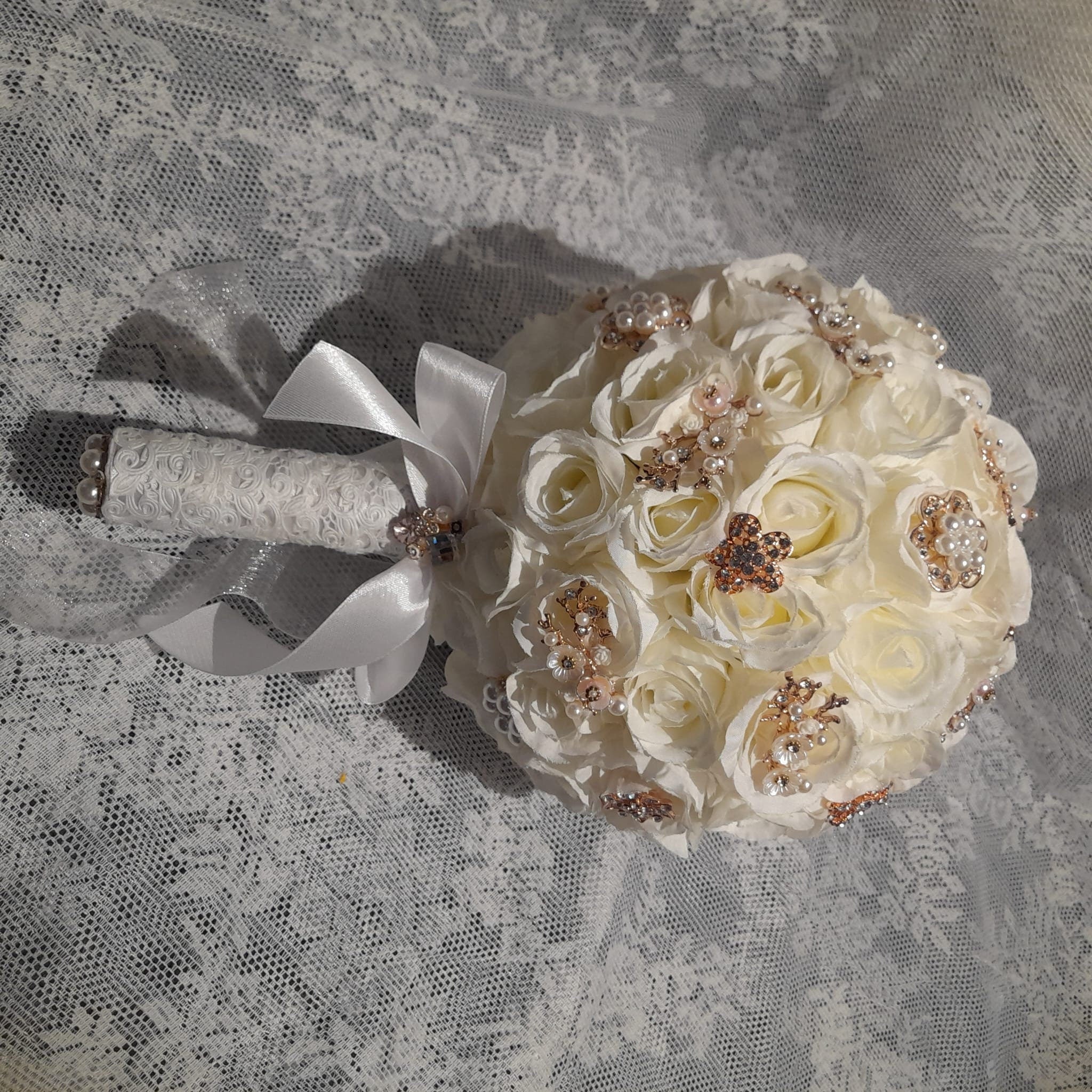 Rose Gold Brooch Wedding Bouquet: Handmade Silk Flower Bridal Bouquet