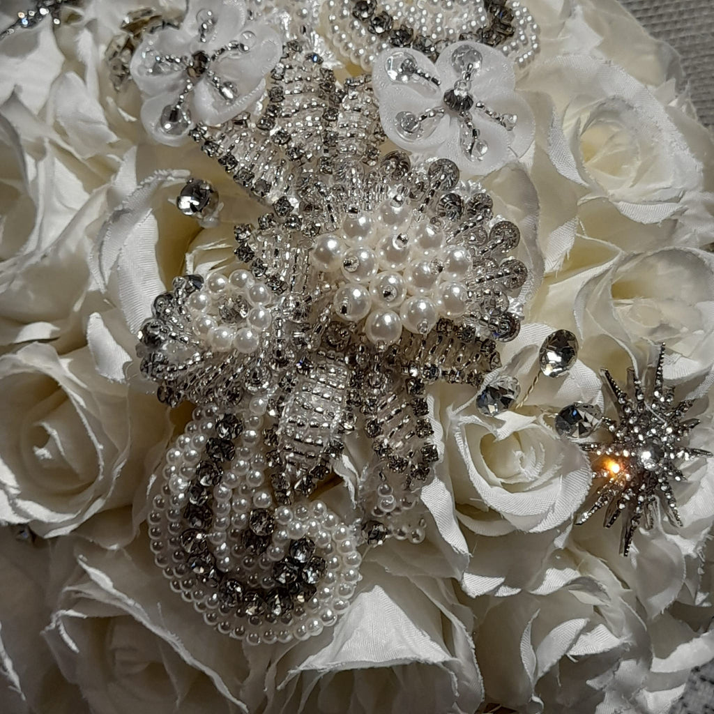 Handmade Silk Rose Wedding Bouquet: Celestial Silver Brooch Crystals