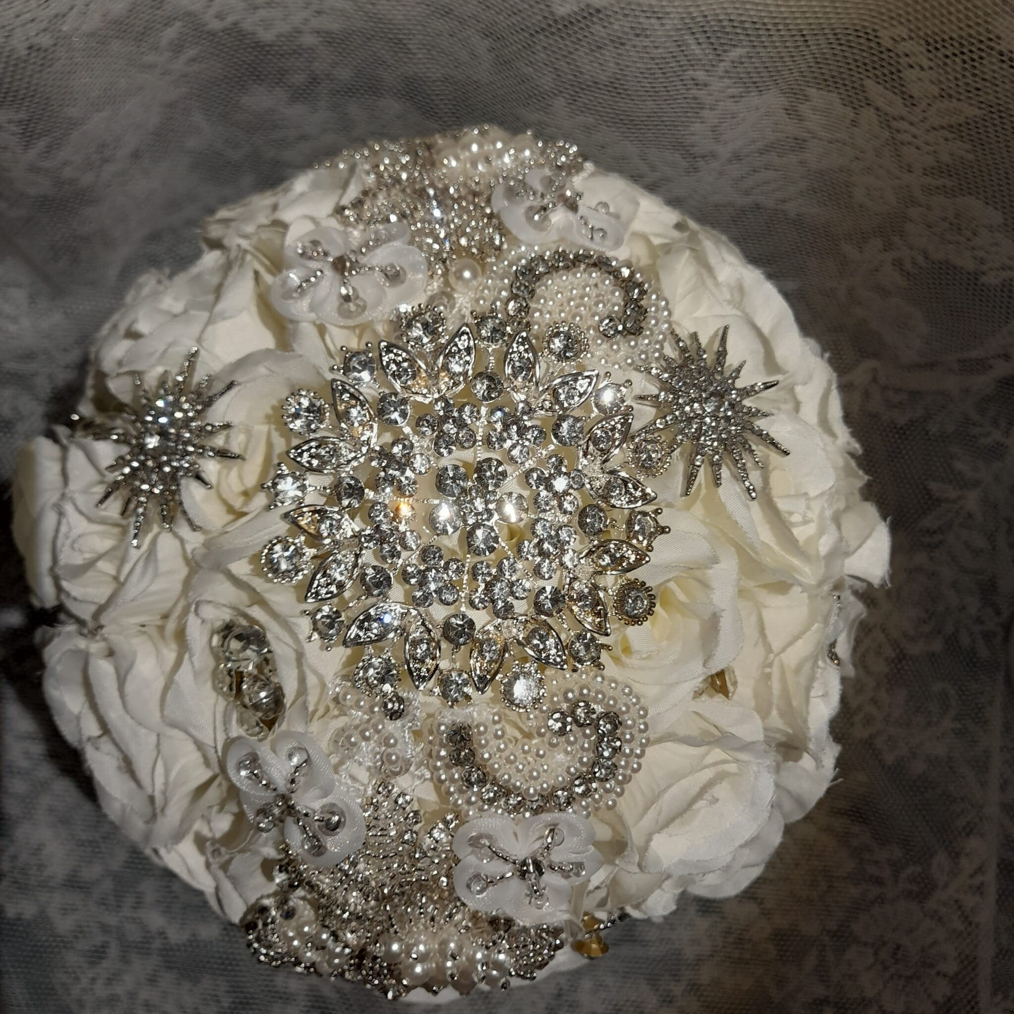 Handmade Silk Rose Wedding Bouquet: Celestial Silver Brooch Crystals