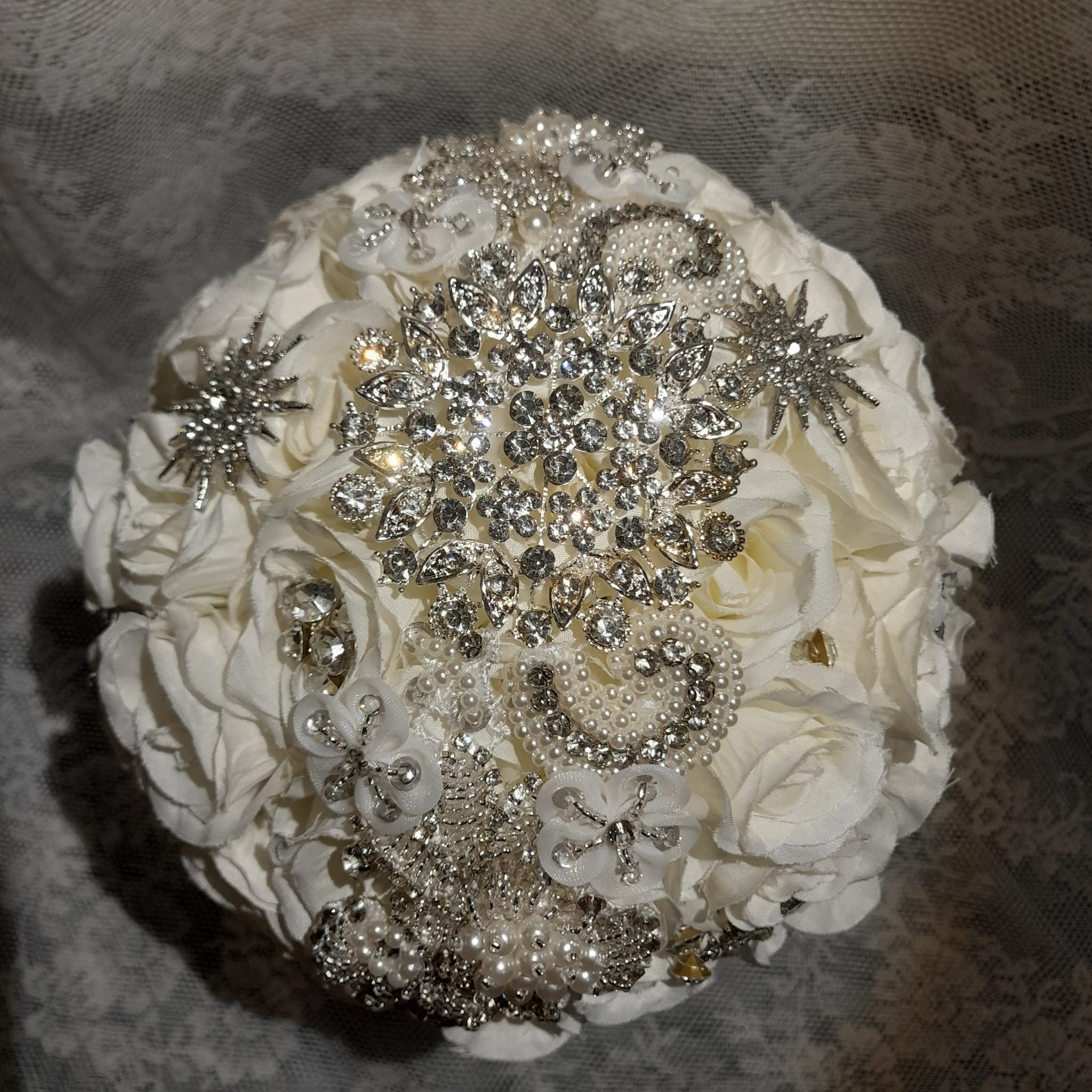 Handmade Silk Rose Wedding Bouquet: Celestial Silver Brooch Crystals